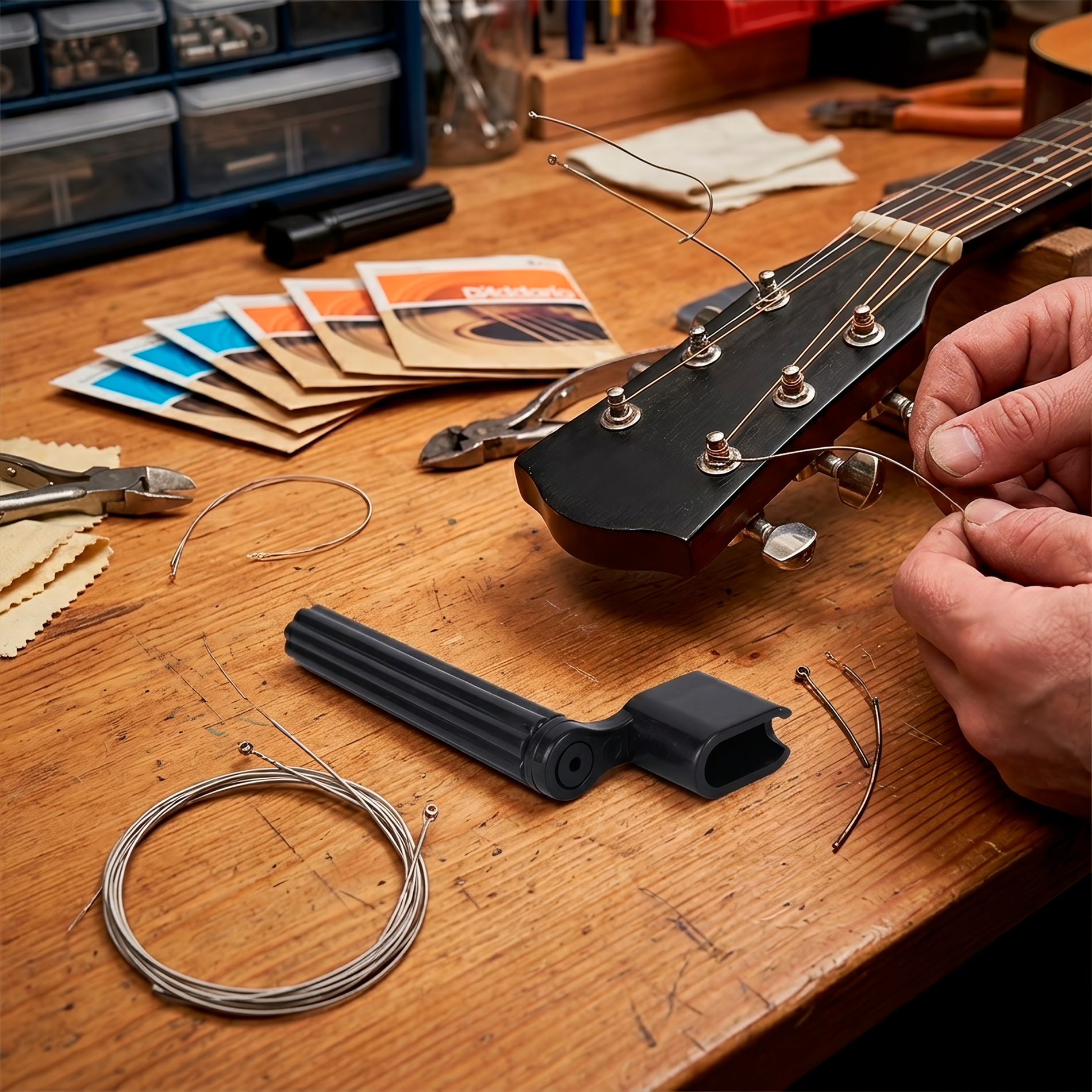 Bobinadora de Cuerdas P/ Guitarra multifuncional color negro con quita pines integrada para guitarra acústica y eléctrica