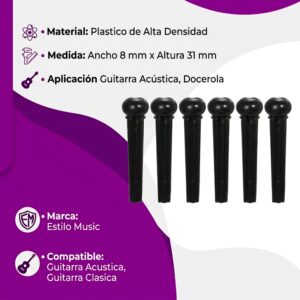 6 Pines Clavijas Guitarra P/ Puente de plástico de alta densidad para guitarra acústica y docerola paquete con 6 piezas color negro