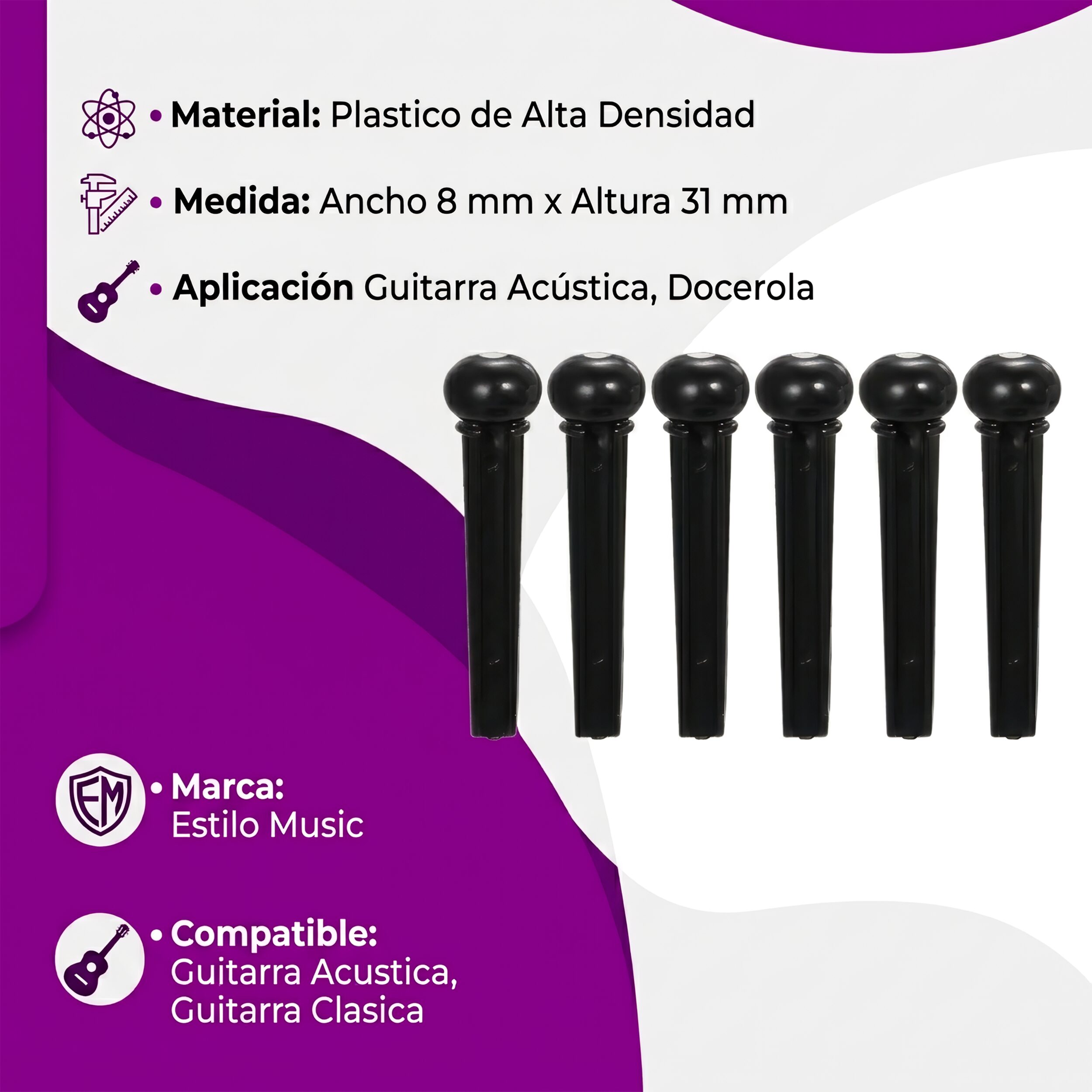 6 Pines Clavijas Guitarra P/ Puente de plástico de alta densidad para guitarra acústica y docerola paquete con 6 piezas color negro