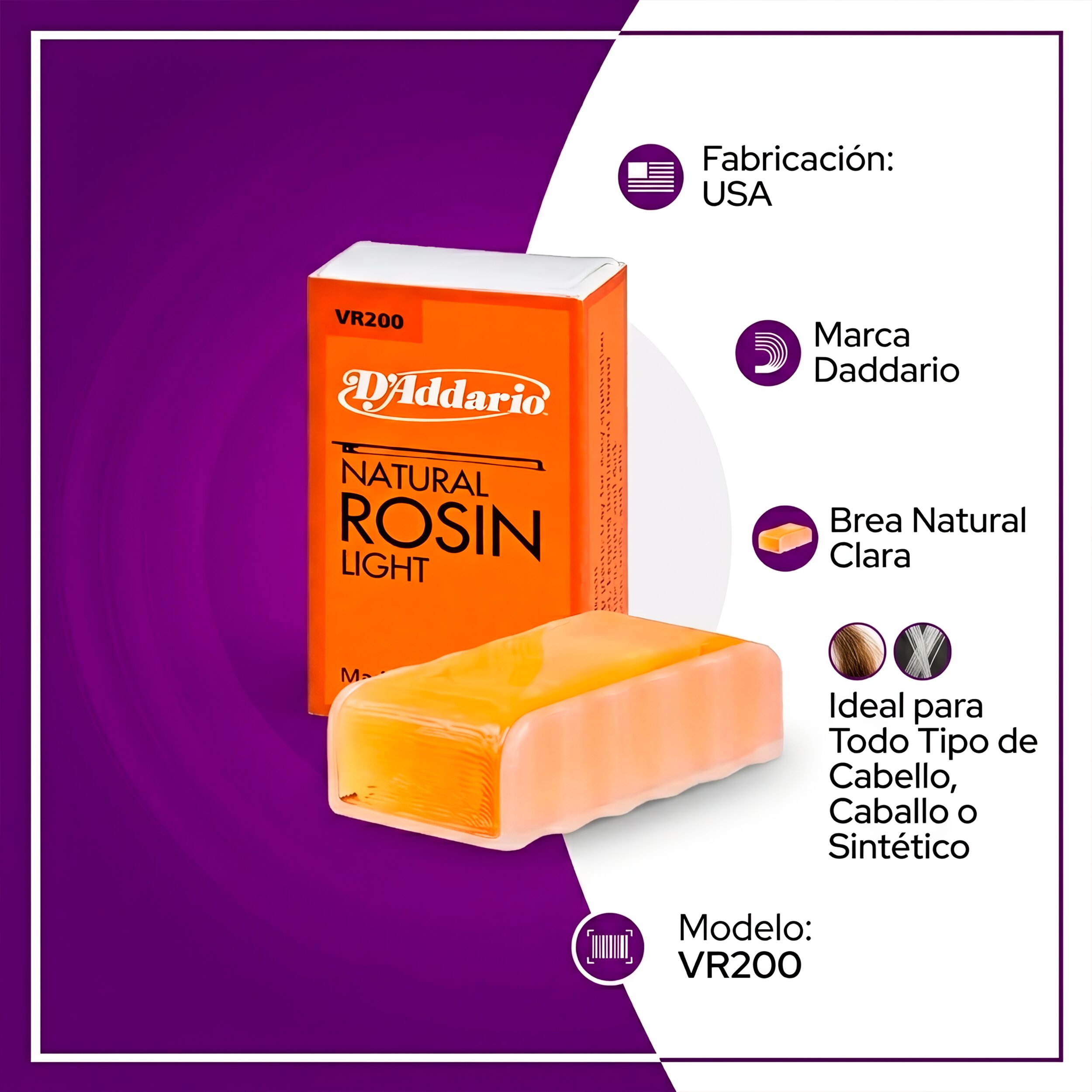 Brea Violin VR200 Daddario resina natural oscura con canal plástico para agarre fácil, ideal para crin o pelo sintético, fabricada en USA