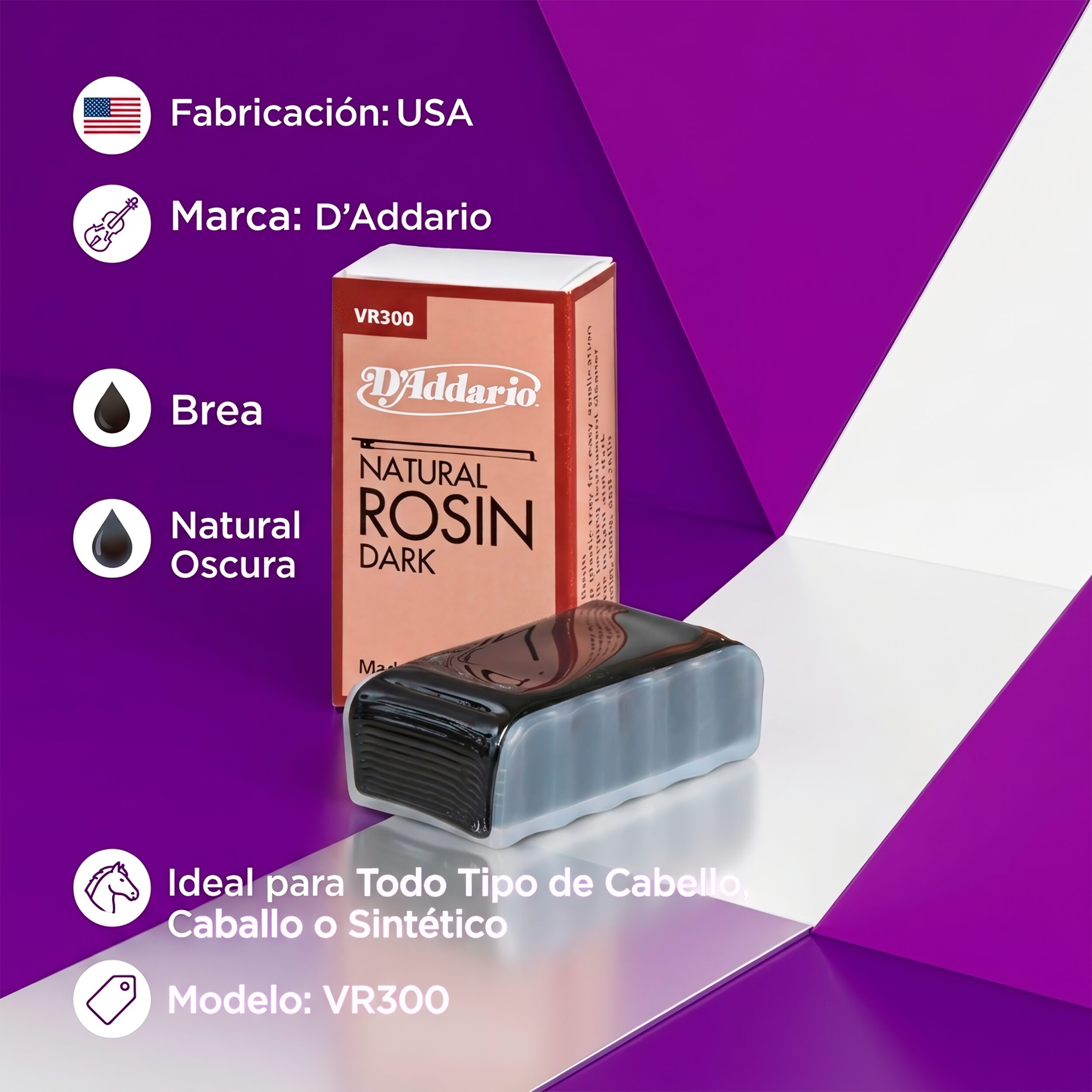 Brea Violin VR300 Daddario resina natural oscura con canal plástico para agarre fácil, ideal para crin o pelo sintético, fabricada en USA