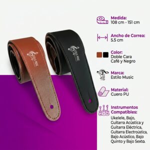 Correa De Cuero Guitarra Doble Cara color café y negro ajustable para guitarra acústica, eléctrica, bajo y ukulele con diseño de lujo