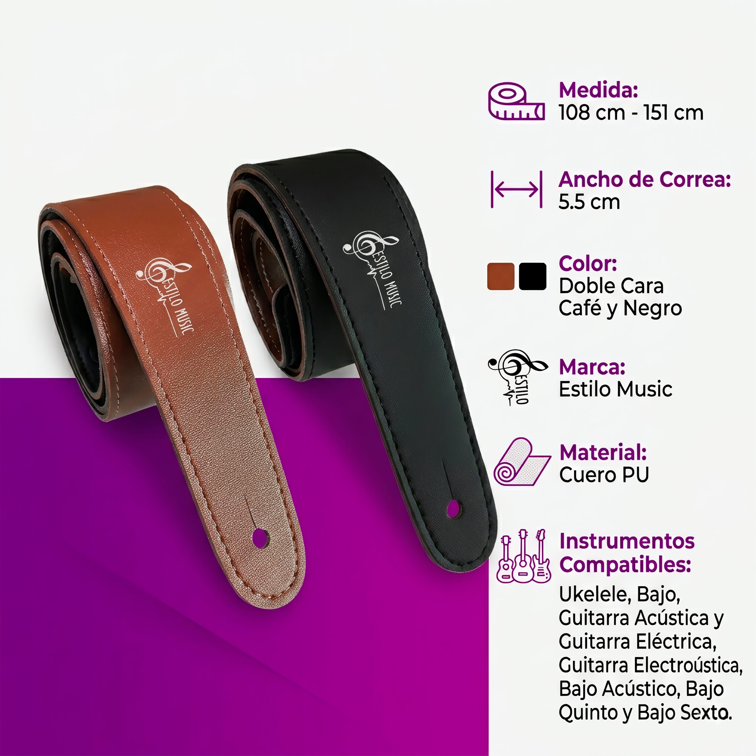 Correa De Cuero Guitarra Doble Cara color café y negro ajustable para guitarra acústica, eléctrica, bajo y ukulele con diseño de lujo