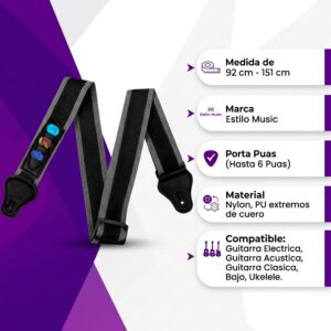 Correa Tali P/ Guitarra Con Porta Puas Estilo Music ajustable para guitarra acústica, eléctrica, bajo y ukelele con diseño colorido