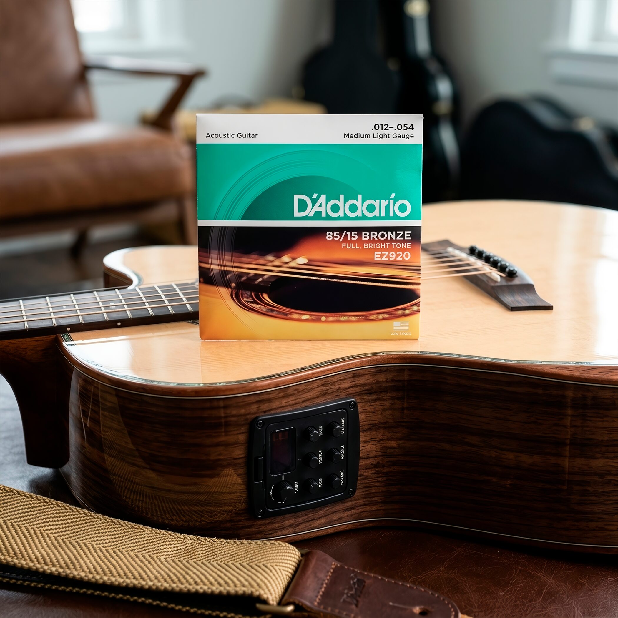 Cuerdas Daddario EZ920 para guitarra acústica calibre 0.012 - 0.054 Medium Light Gauge con entorchado en bronce