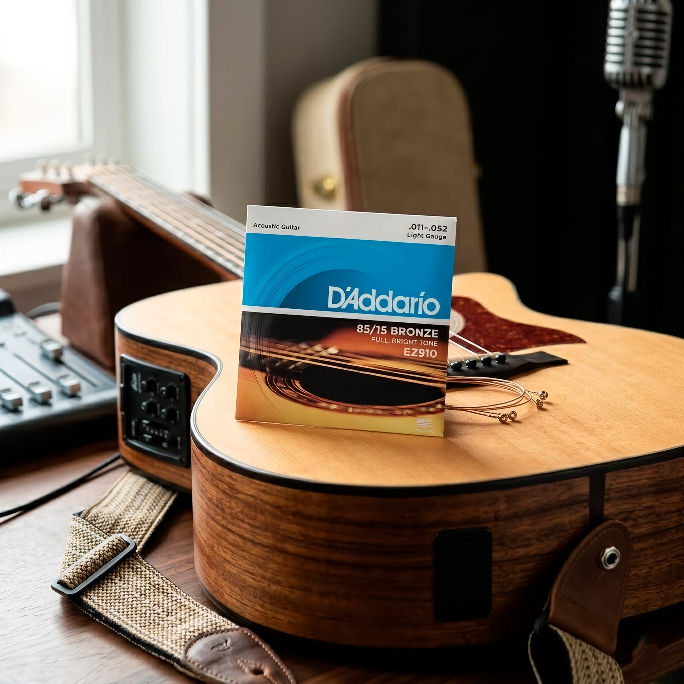 Cuerdas Daddario EZ910 para guitarra acústica calibre 0.011 - 0.052 con tensión Light Gauge y sello de garantía