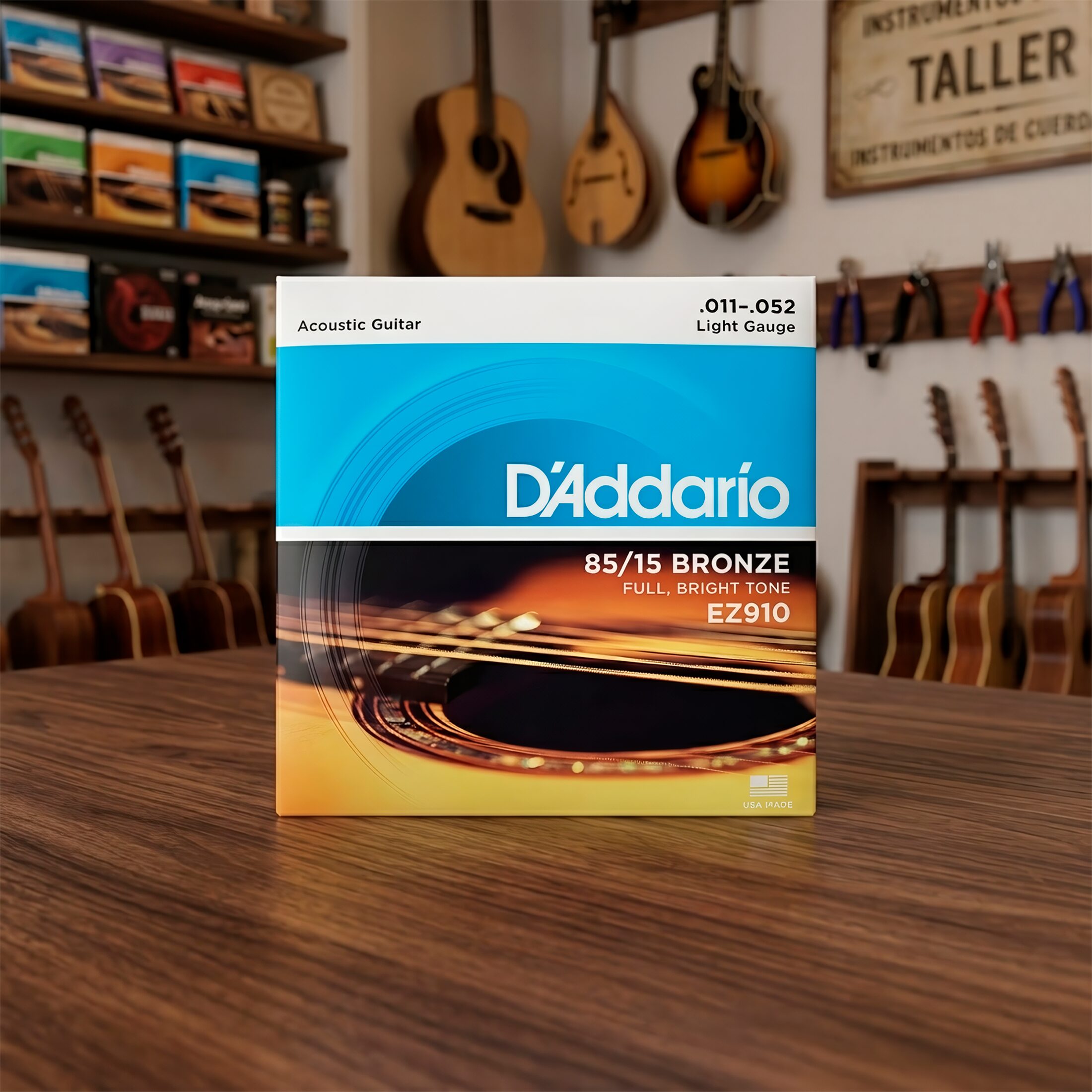 Cuerdas Daddario EZ910 para guitarra acústica calibre 0.011 - 0.052 con tensión Light Gauge y sello de garantía