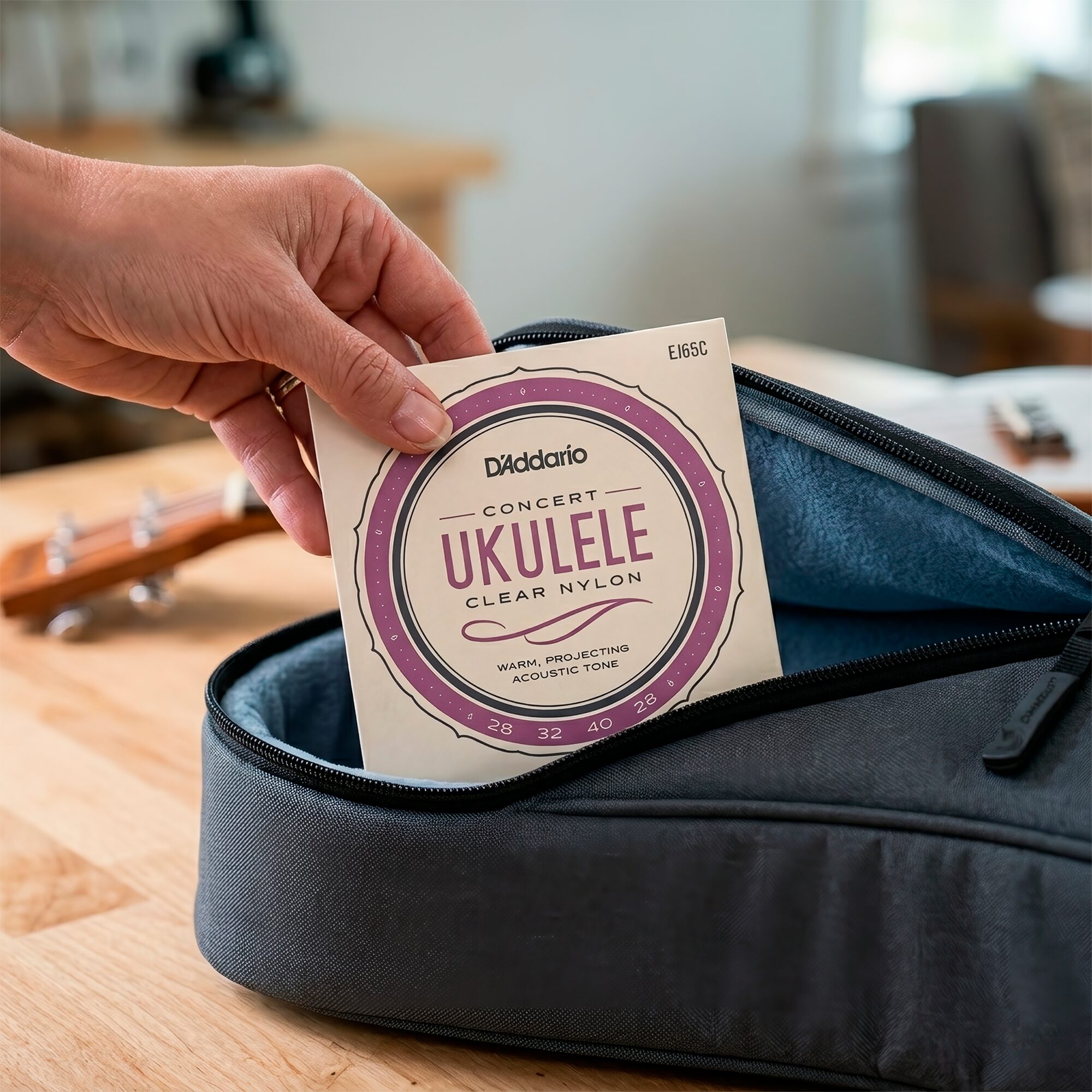 Cuerdas para Ukulele Daddario EJ65C Concert Clear Nylon con afinación estándar GCEA y sonido brillante de alta calidad.