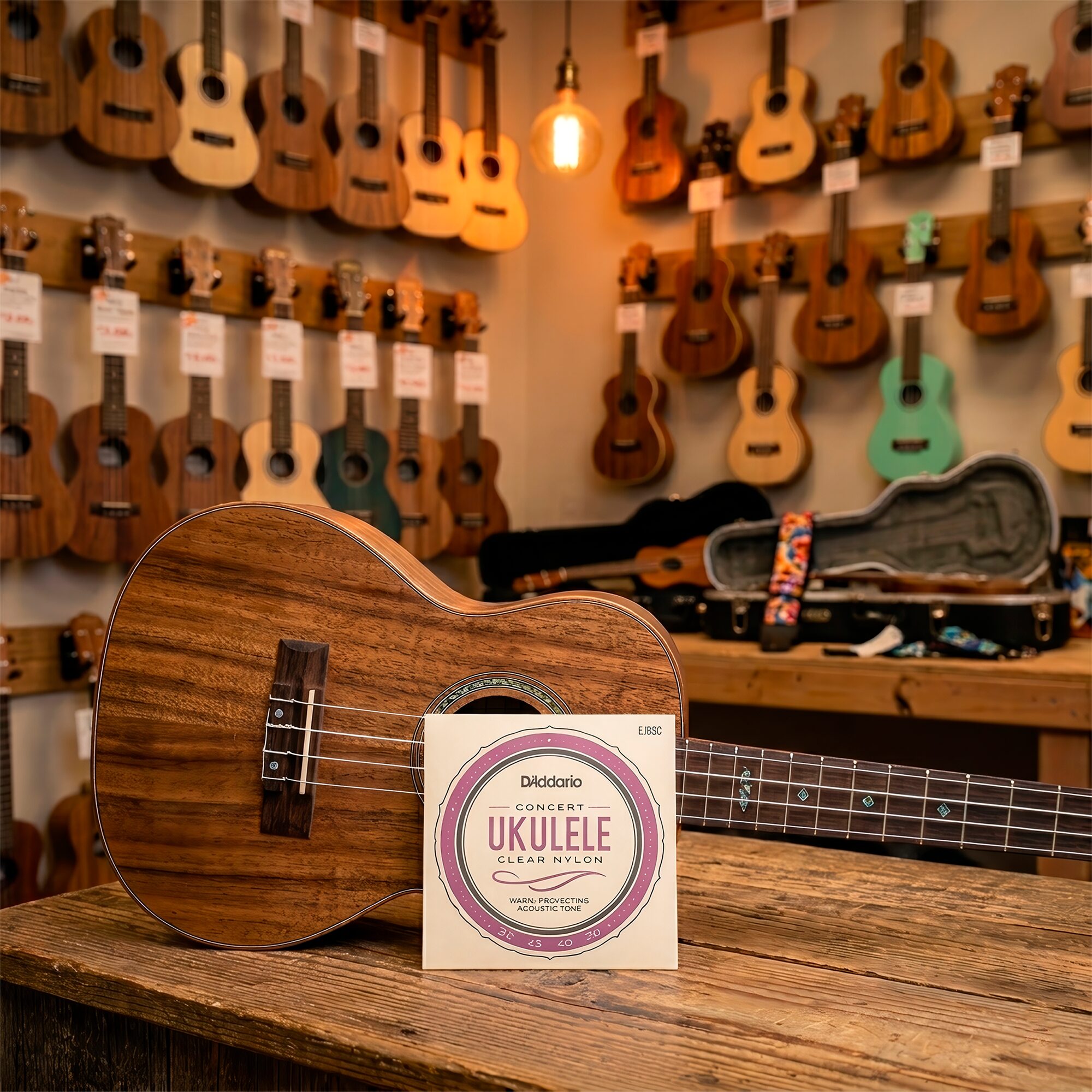 Cuerdas para Ukulele Daddario EJ65C Concert Clear Nylon con afinación estándar GCEA y sonido brillante de alta calidad.