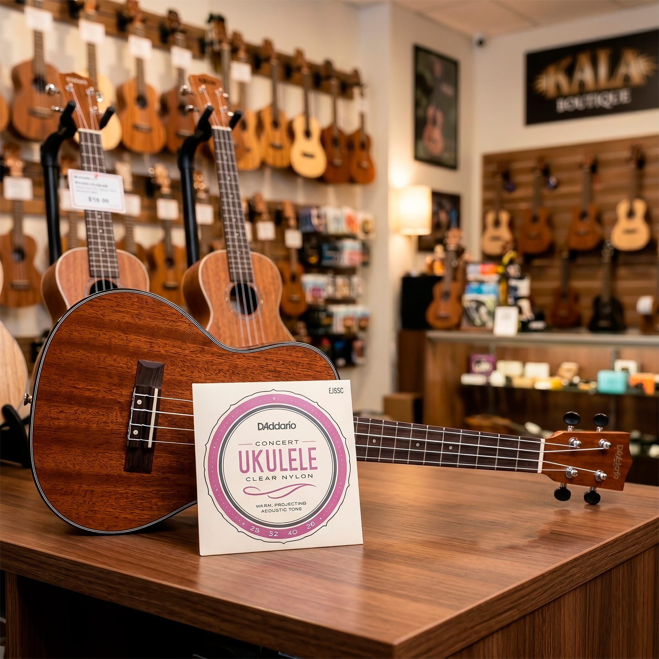 Cuerdas para Ukulele Daddario EJ65C Concert Clear Nylon con afinación estándar GCEA y sonido brillante de alta calidad.