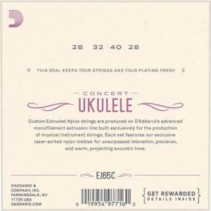 Cuerdas para Ukulele Daddario EJ65C Concert Clear Nylon con afinación estándar GCEA y sonido brillante de alta calidad.