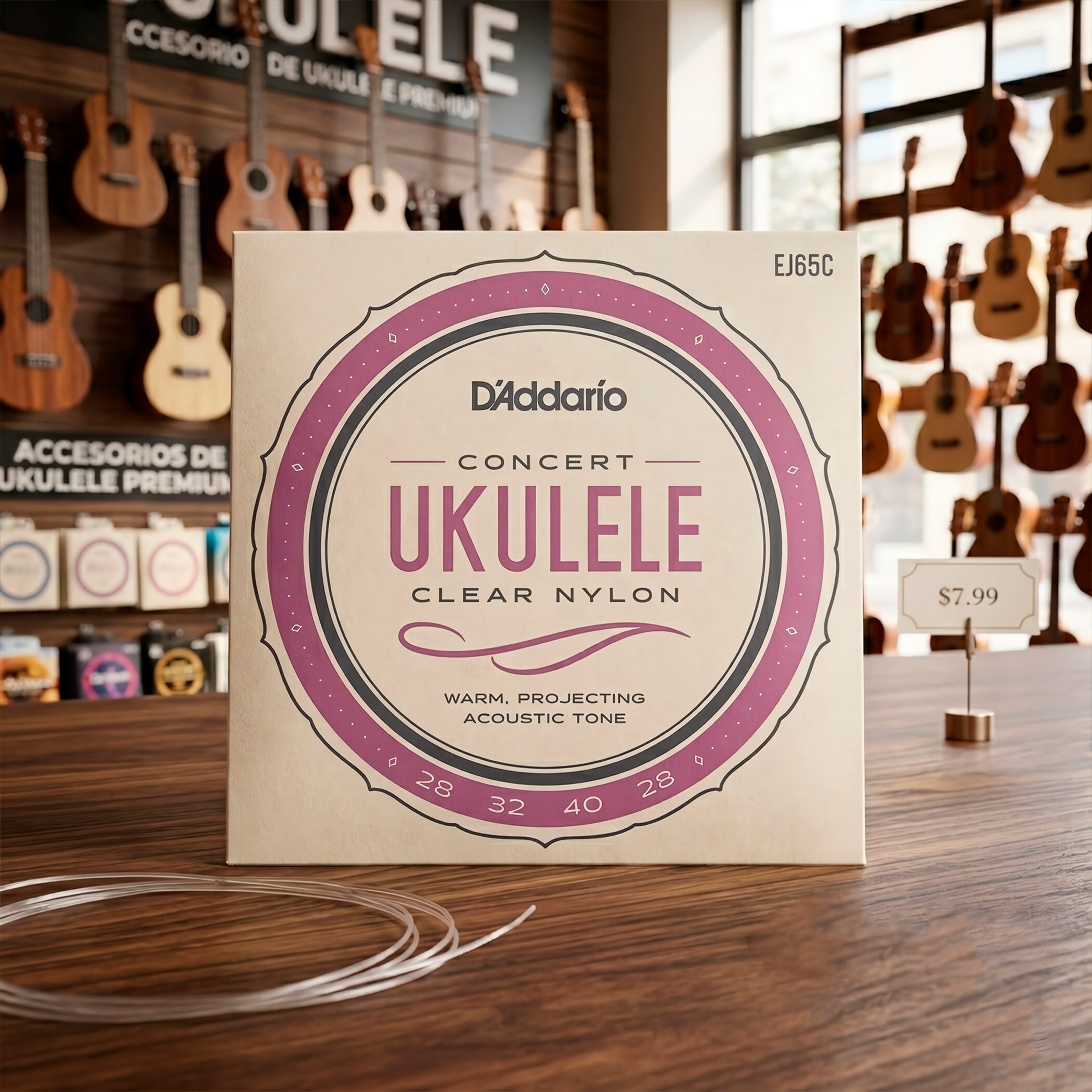 Cuerdas para Ukulele Daddario EJ65C Concert Clear Nylon con afinación estándar GCEA y sonido brillante de alta calidad.