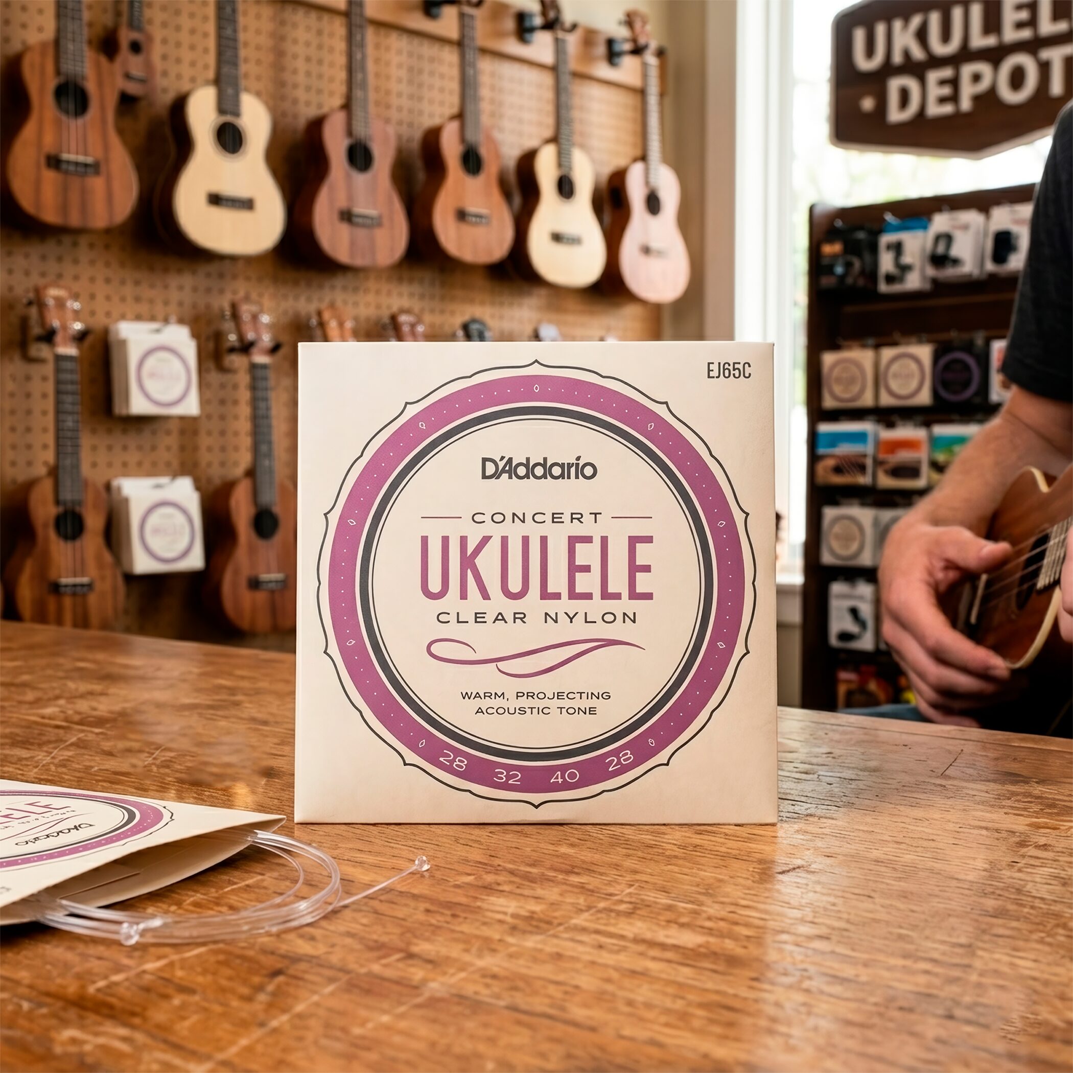 Cuerdas para Ukulele Daddario EJ65C Concert Clear Nylon con afinación estándar GCEA y sonido brillante de alta calidad.