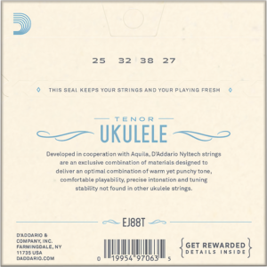 Cuerdas para Ukulele Daddario EJ87T de titanio para ukulele tenor con afinación estándar GCEA y sonido brillante de alta proyección.
