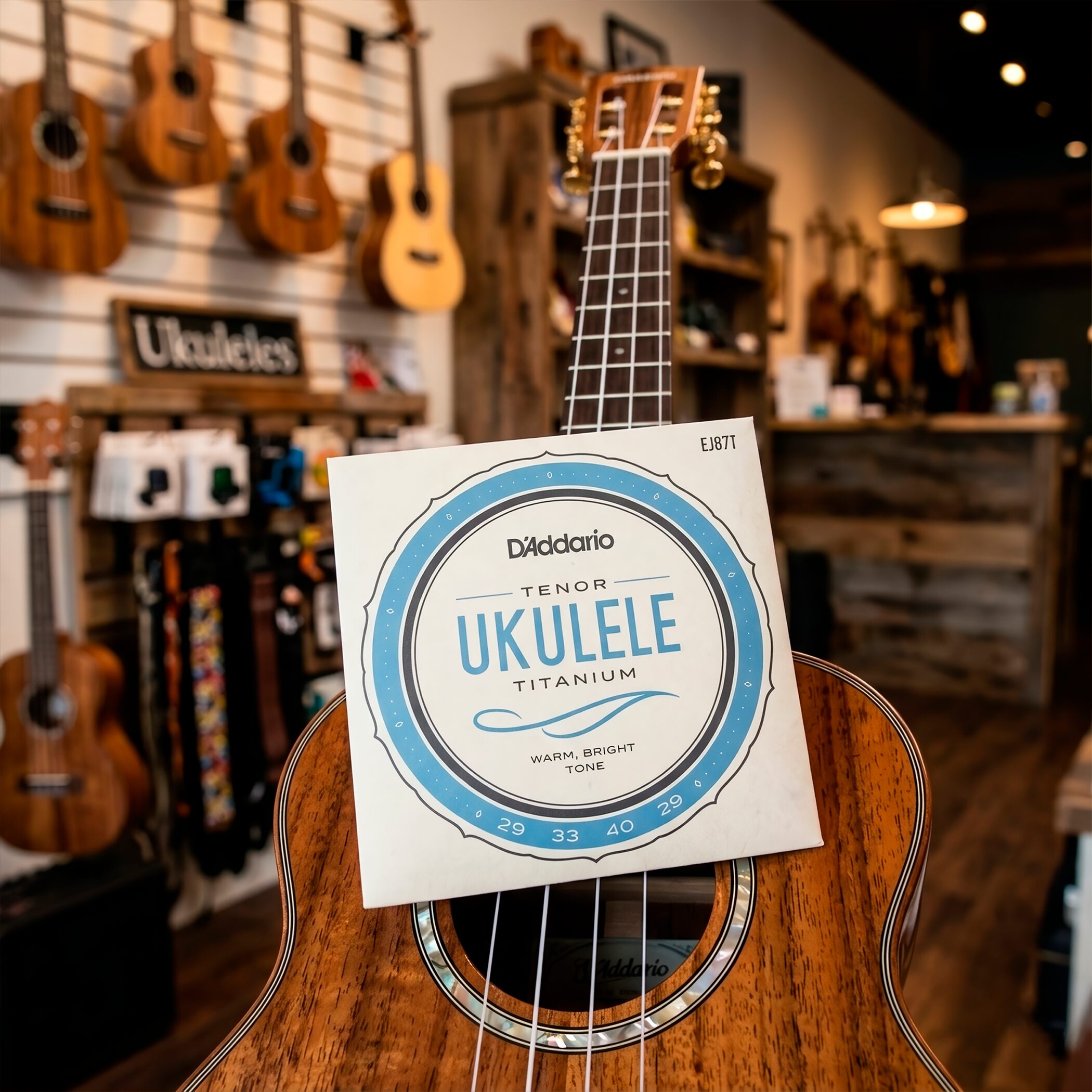 Cuerdas para Ukulele Daddario EJ87T de titanio para ukulele tenor con afinación estándar GCEA y sonido brillante de alta proyección.