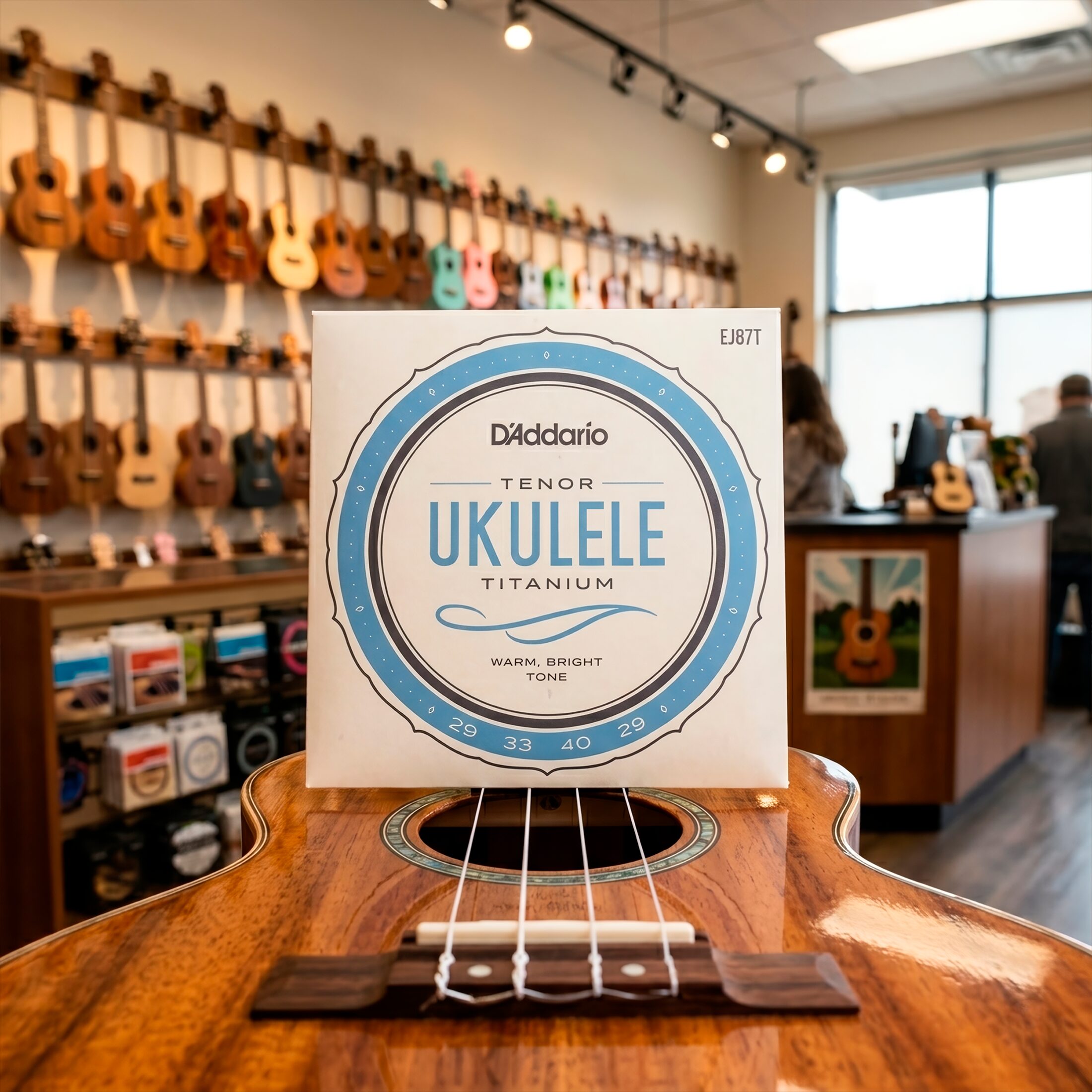 Cuerdas para Ukulele Daddario EJ87T de titanio para ukulele tenor con afinación estándar GCEA y sonido brillante de alta proyección.