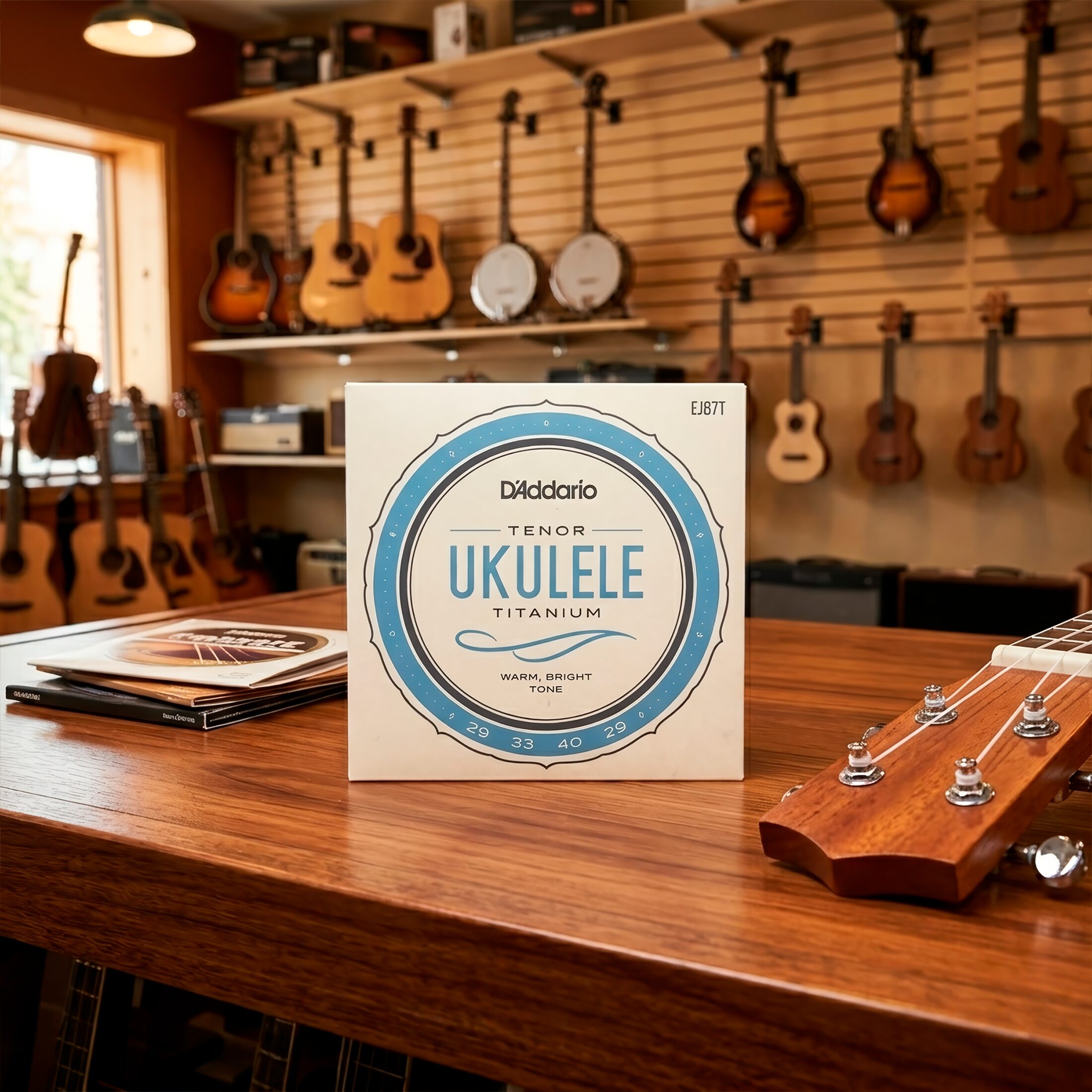 Cuerdas para Ukulele Daddario EJ87T de titanio para ukulele tenor con afinación estándar GCEA y sonido brillante de alta proyección.