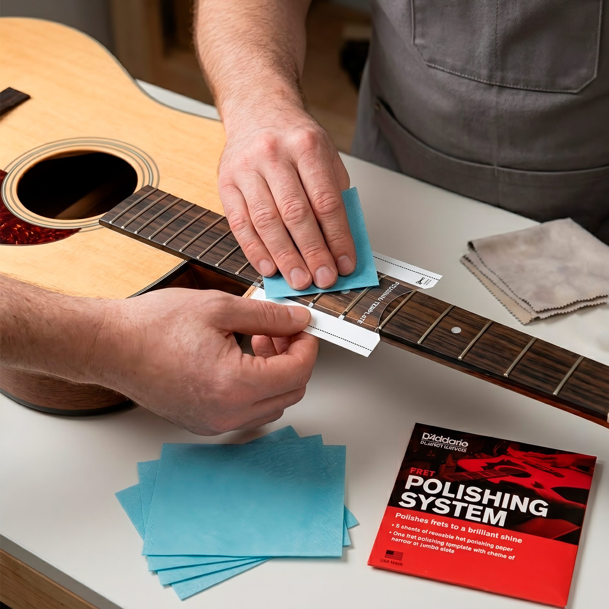 Limpiador de Trastes Guitarra Daddario PW-FRP con sistema de pulido profesional y 5 paños especiales para restaurar trastes.
