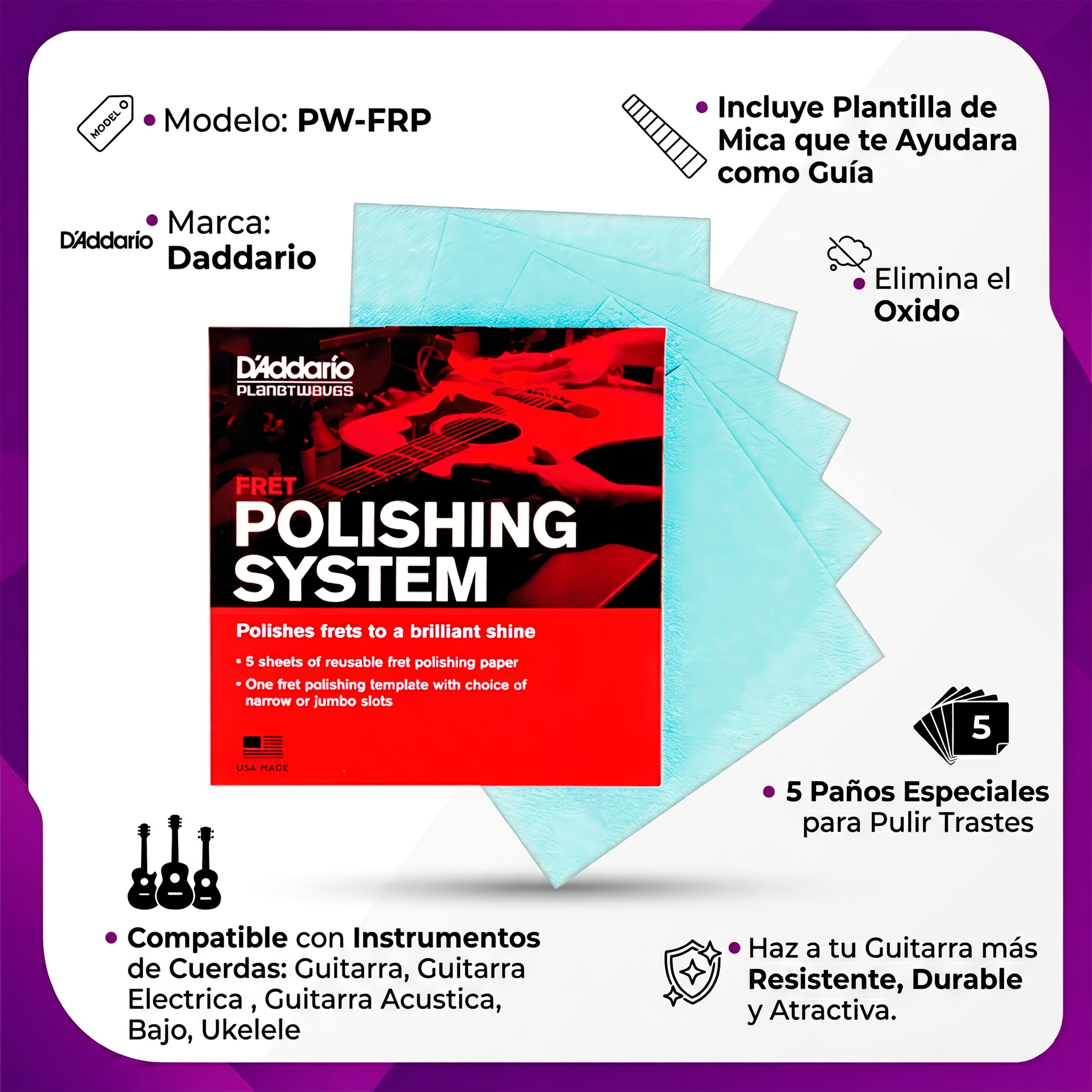 Limpiador de Trastes Guitarra Daddario PW-FRP con sistema de pulido profesional y 5 paños especiales para restaurar trastes.
