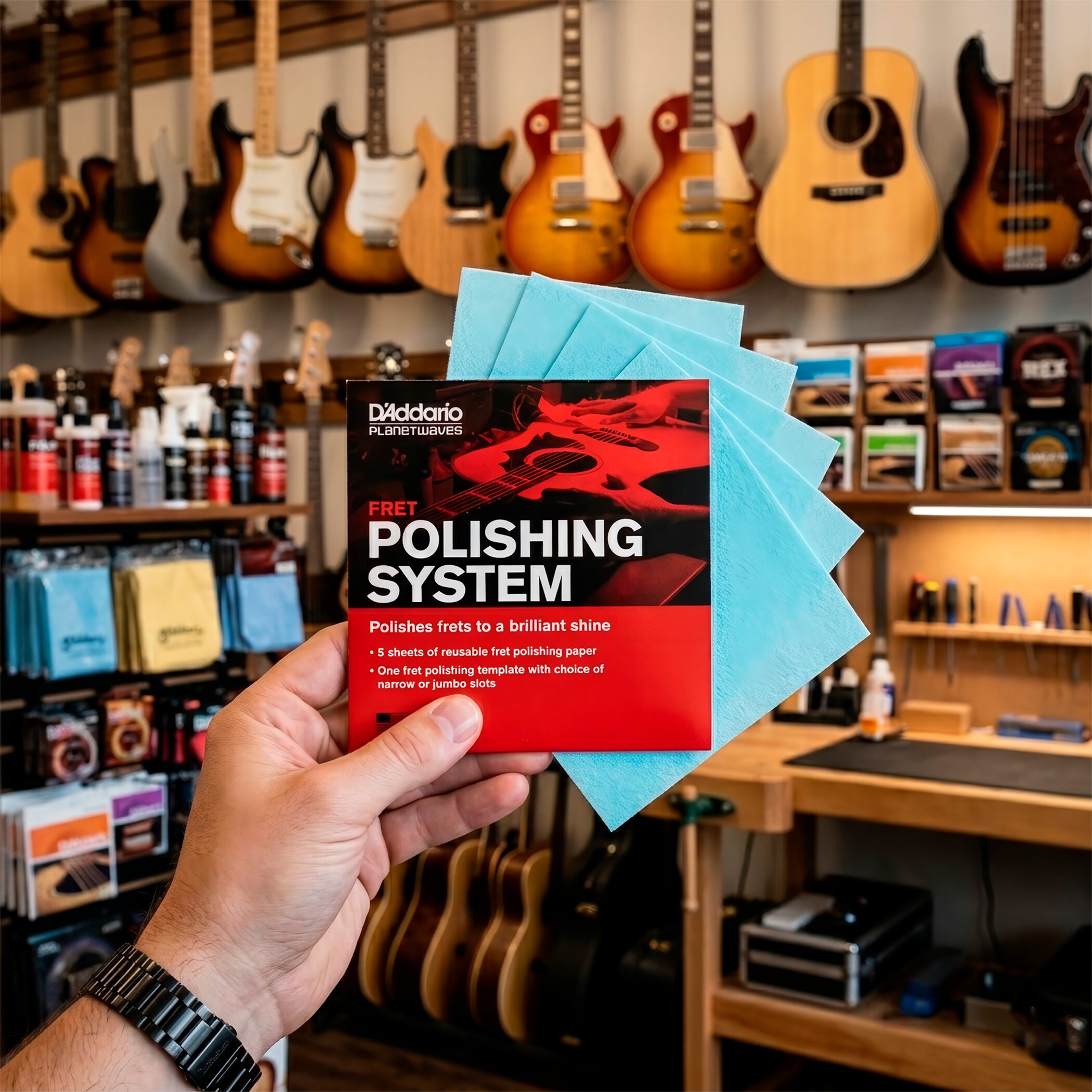 Limpiador de Trastes Guitarra Daddario PW-FRP con sistema de pulido profesional y 5 paños especiales para restaurar trastes.