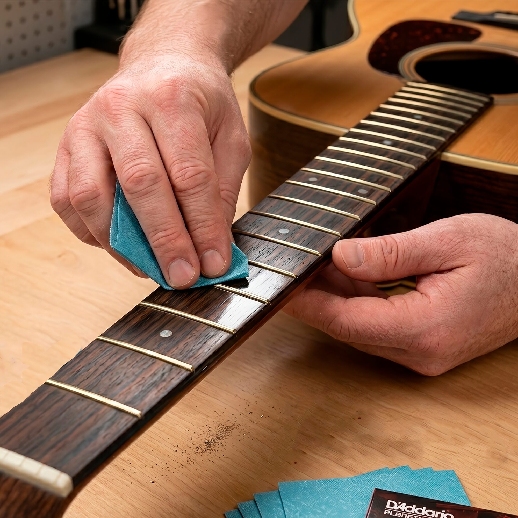 Limpiador de Trastes Guitarra Daddario PW-FRP con sistema de pulido profesional y 5 paños especiales para restaurar trastes.