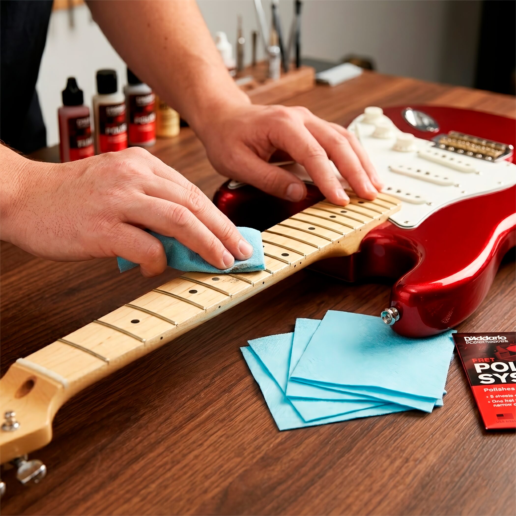 Limpiador de Trastes Guitarra Daddario PW-FRP con sistema de pulido profesional y 5 paños especiales para restaurar trastes.