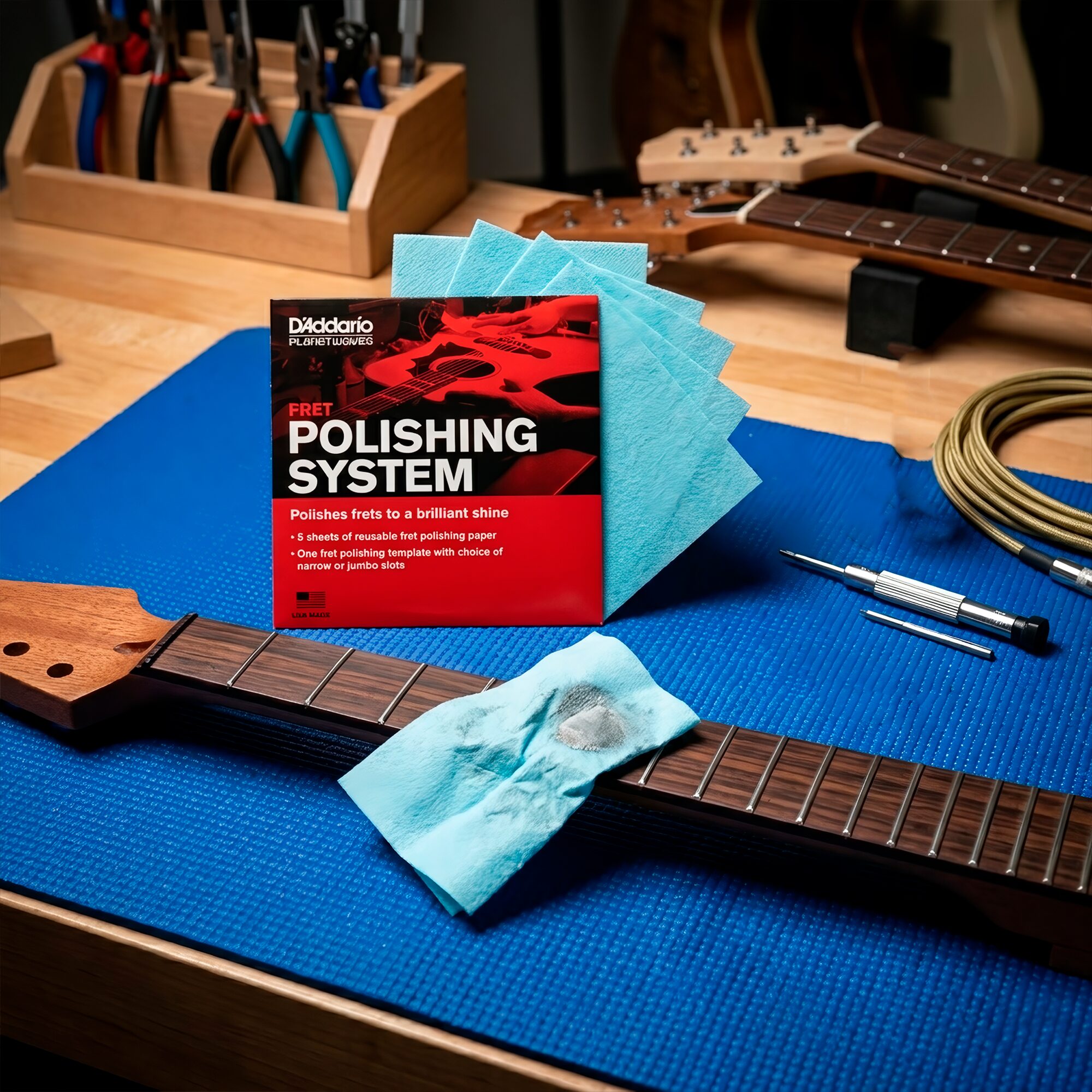 Limpiador de Trastes Guitarra Daddario PW-FRP con sistema de pulido profesional y 5 paños especiales para restaurar trastes.