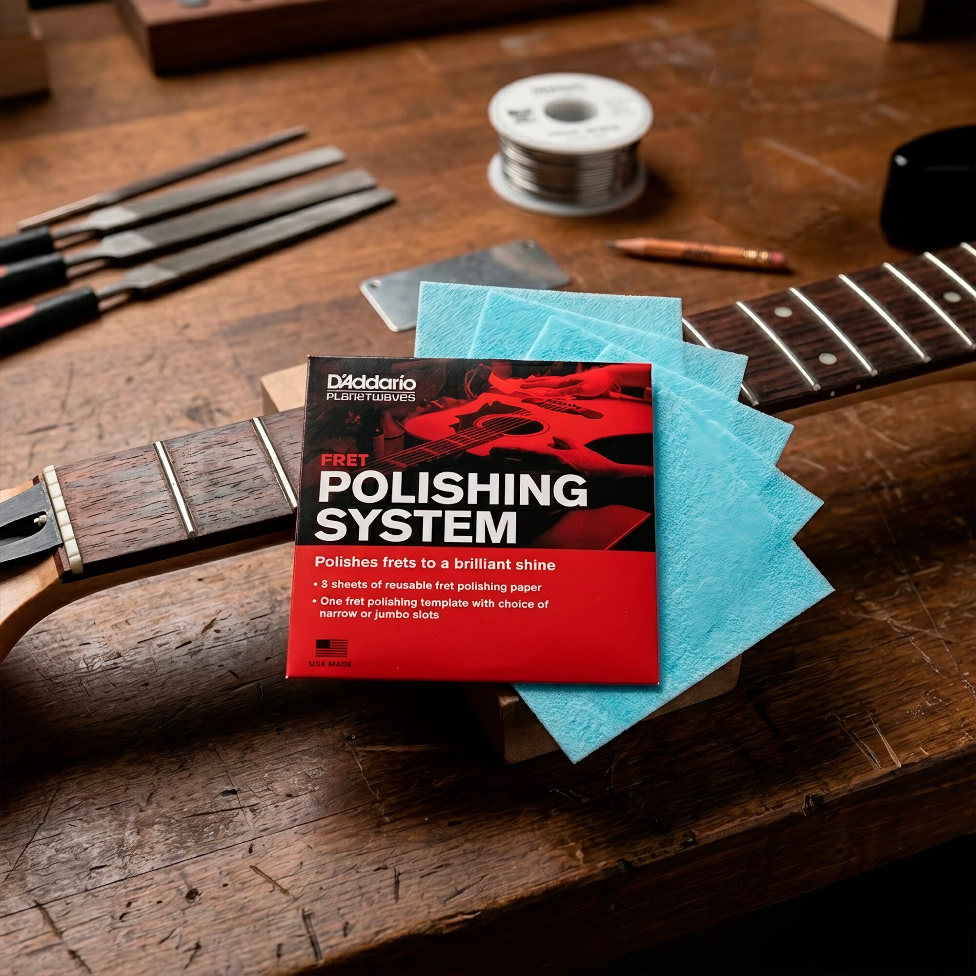 Limpiador de Trastes Guitarra Daddario PW-FRP con sistema de pulido profesional y 5 paños especiales para restaurar trastes.