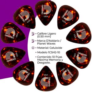 Paq De 10 Plumillas Daddario 0.70 mm de celuloide modelo 1CSH4-10 para guitarra acústica y eléctrica
