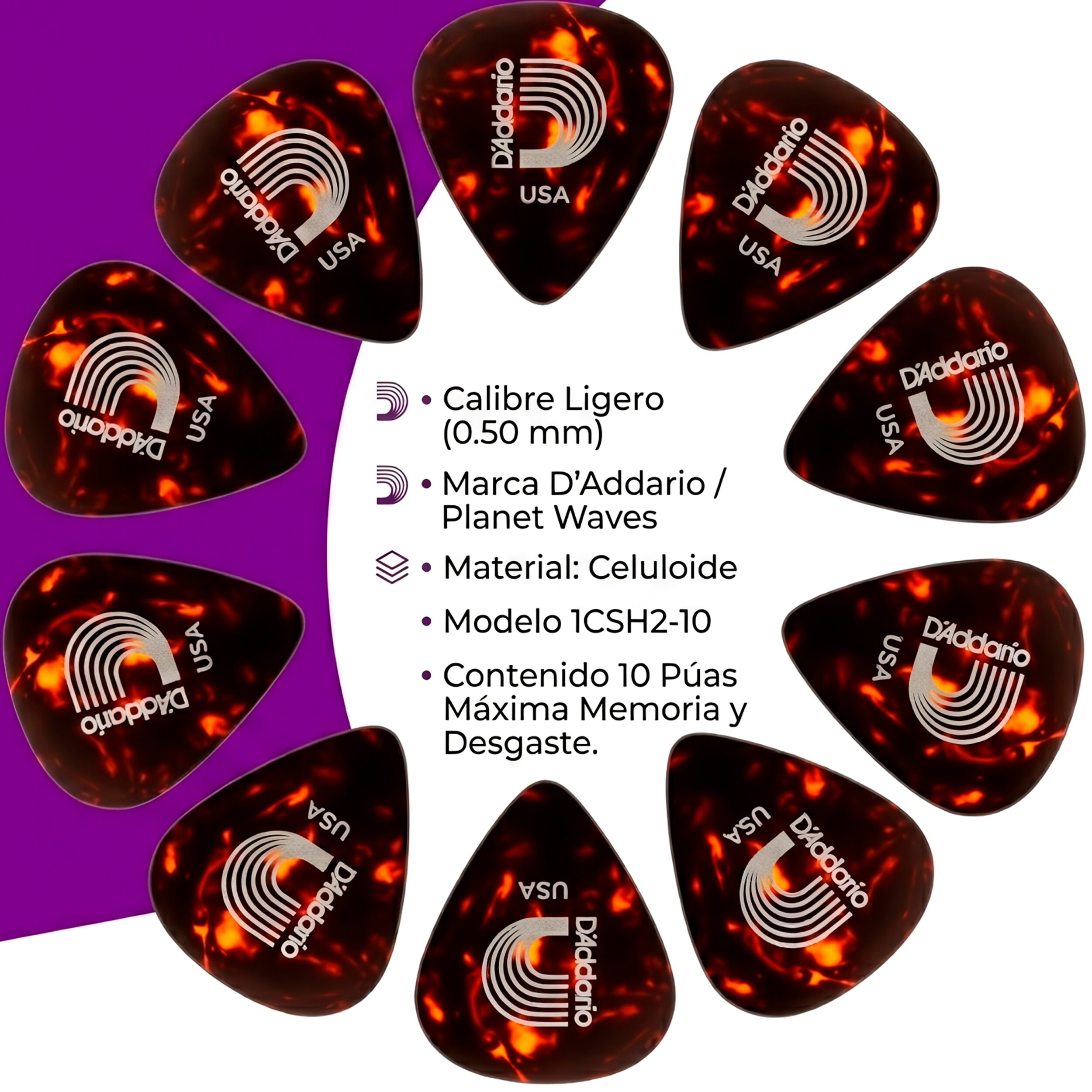 Paq De 10 Plumillas Daddario 0.70 mm de celuloide modelo 1CSH4-10 para guitarra acústica y eléctrica