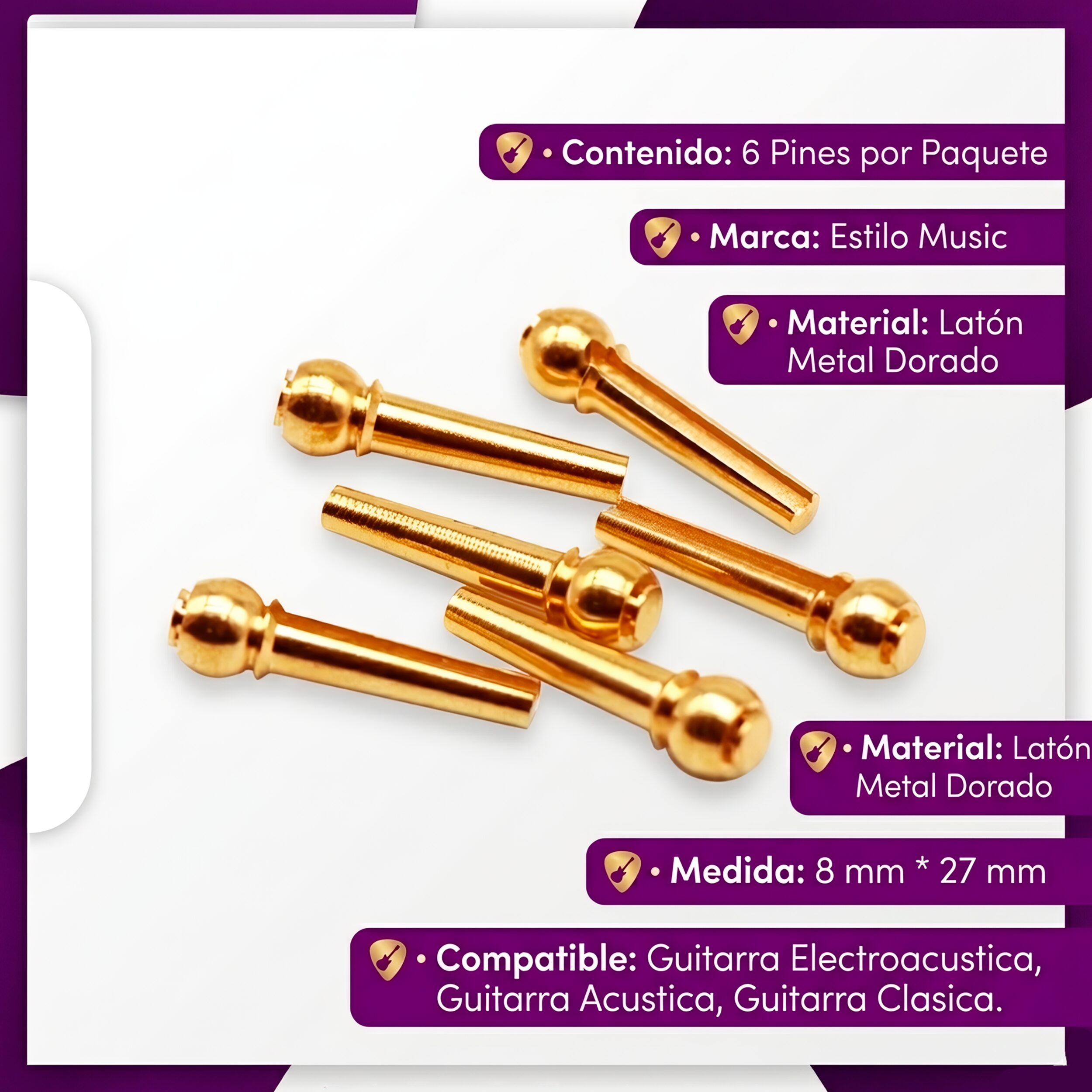 Pines Clavijas de Guitarra P/ Puente de latón dorado para guitarra acústica y docerola paquete con 6 piezas resistentes