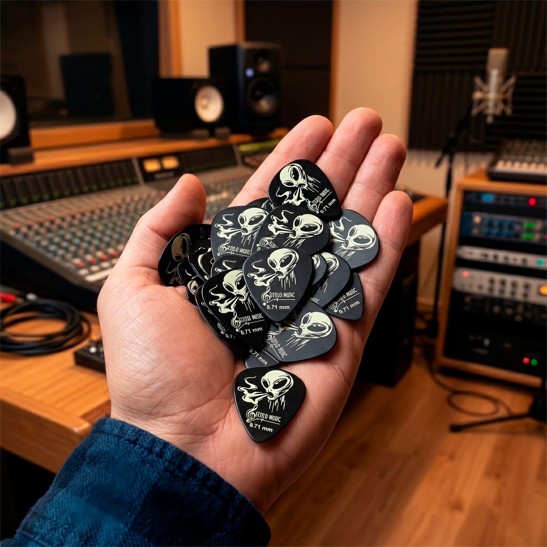 6 Plumillas Luminiscente Brilla Alien Toxic marca Estilo Music, púas de guitarra hechas de celuloide resistente, con máxima memoria, mínimo desgaste y efecto fluorescente que brilla en la oscuridad. PAT6
