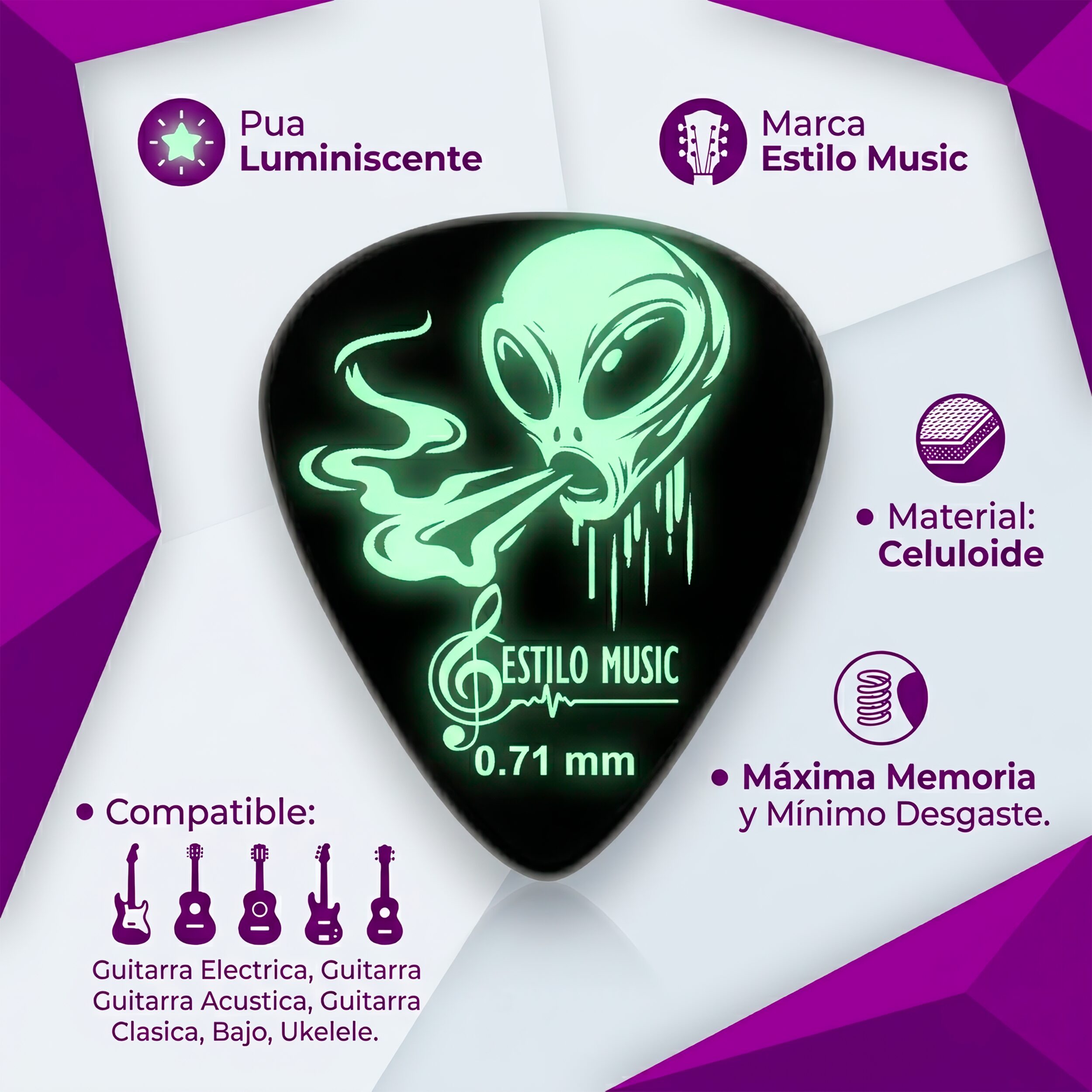 6 Plumillas Luminiscente Brilla Alien Toxic marca Estilo Music, púas de guitarra hechas de celuloide resistente, con máxima memoria, mínimo desgaste y efecto fluorescente que brilla en la oscuridad. PAT6
