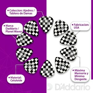 Paq De 10 Plumillas Daddario 0.50 mm colección Ajedrez fabricadas en celuloide con diseño cómodo y tono cálido para guitarra.