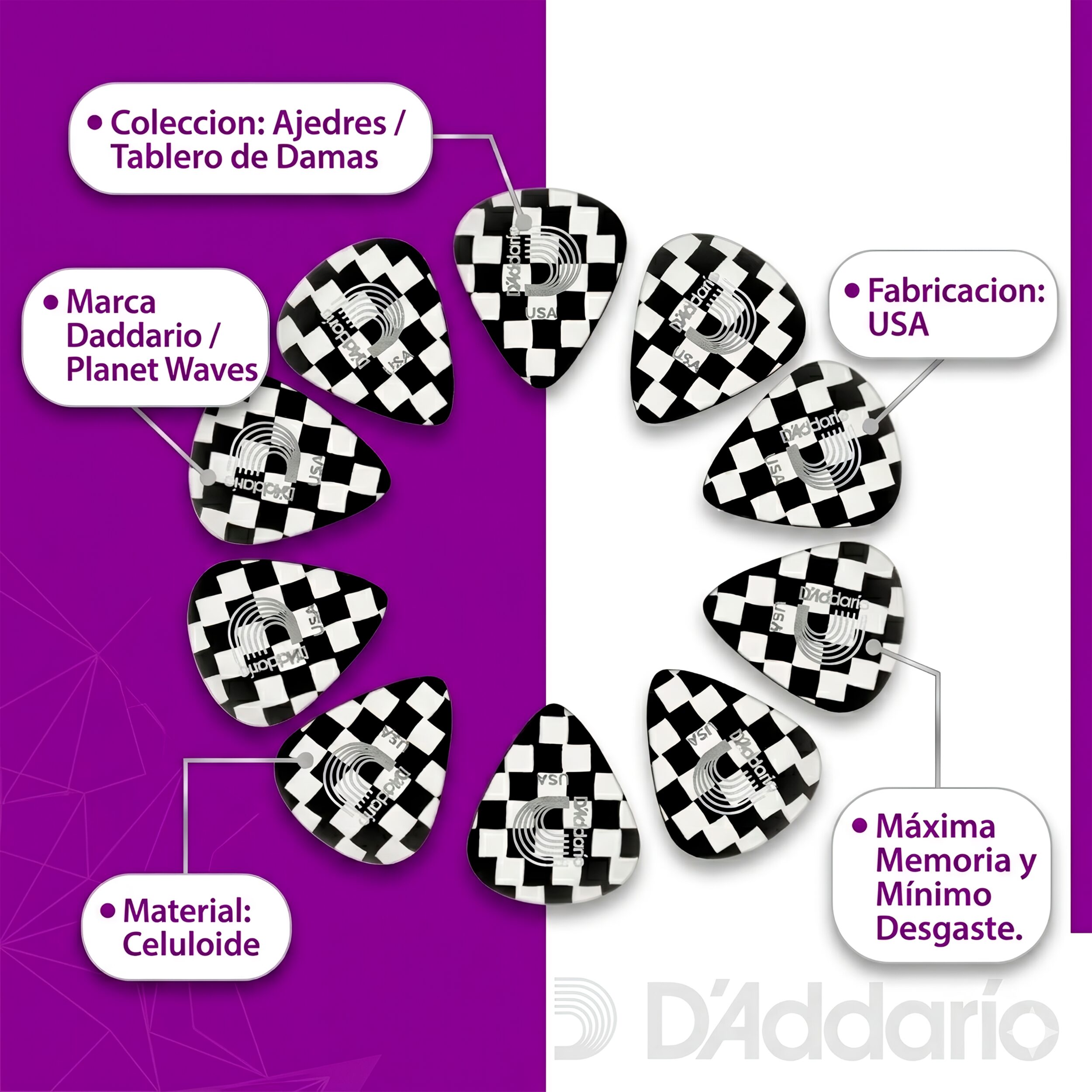 Paq De 10 Plumillas Daddario 0.50 mm colección Ajedrez fabricadas en celuloide con diseño cómodo y tono cálido para guitarra.