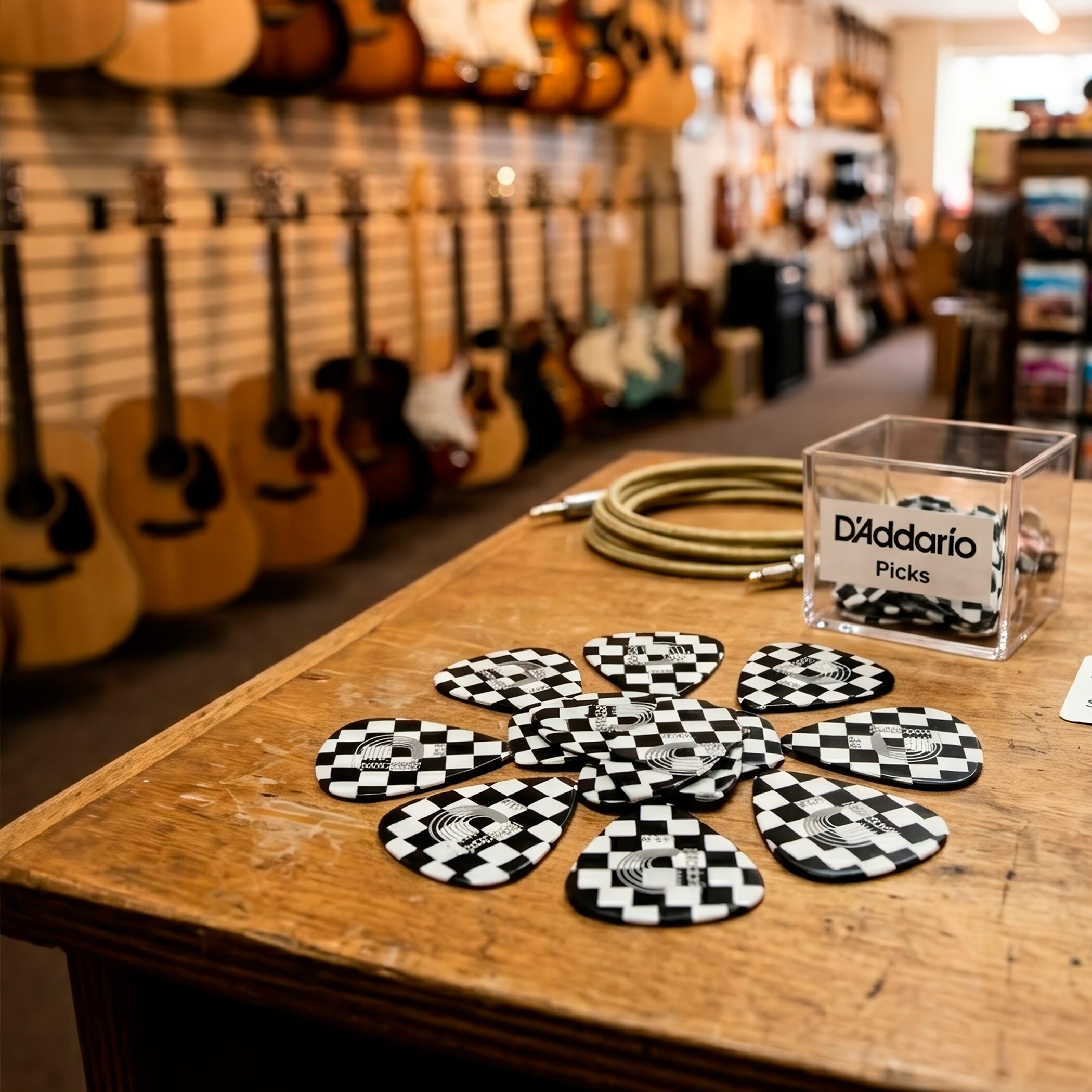 Paq De 10 Plumillas Daddario 0.50 mm colección Ajedrez fabricadas en celuloide con diseño cómodo y tono cálido para guitarra.
