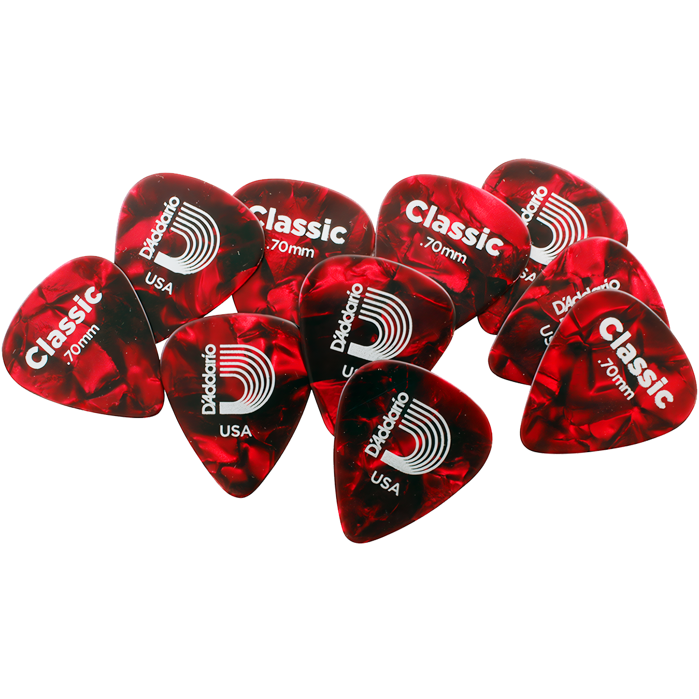 Paq De 10 Plumillas Daddario 0.70 mm de celuloide rojo modelo 1CRP4-10 con tacto natural y tono cálido para guitarra.