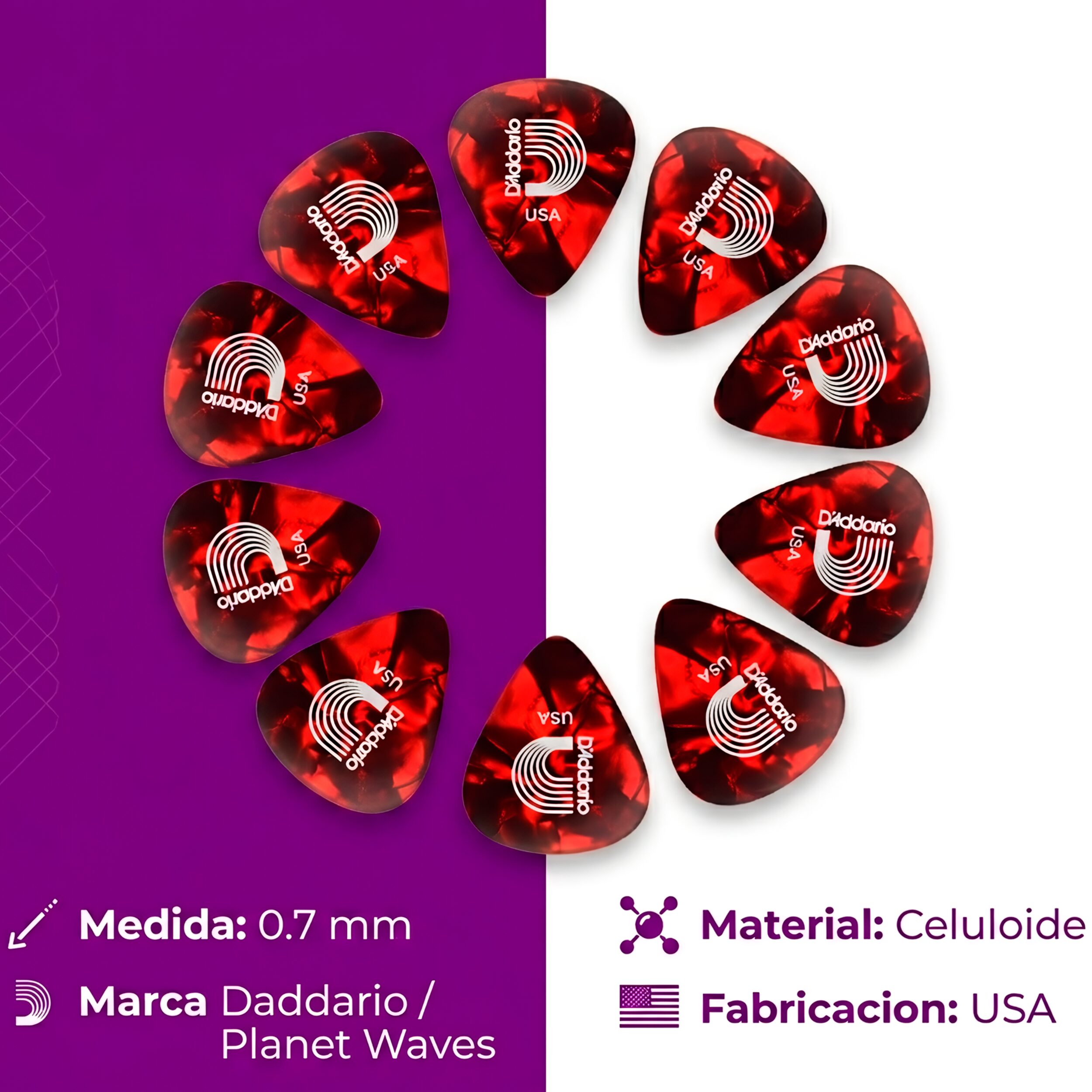 Paq De 10 Plumillas Daddario 0.70 mm de celuloide rojo modelo 1CRP4-10 con tacto natural y tono cálido para guitarra.