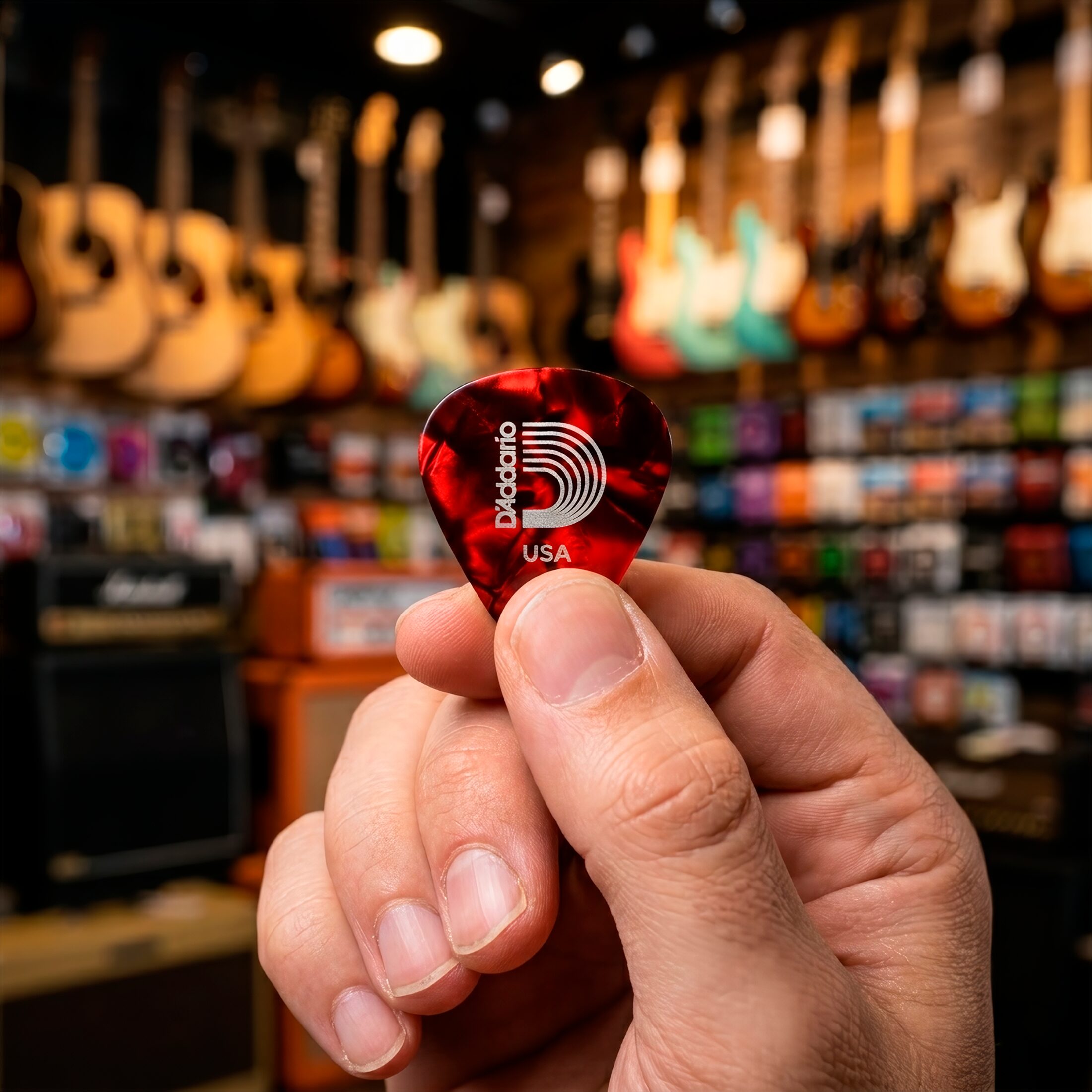 Paq De 10 Plumillas Daddario 0.70 mm de celuloide rojo modelo 1CRP4-10 con tacto natural y tono cálido para guitarra.