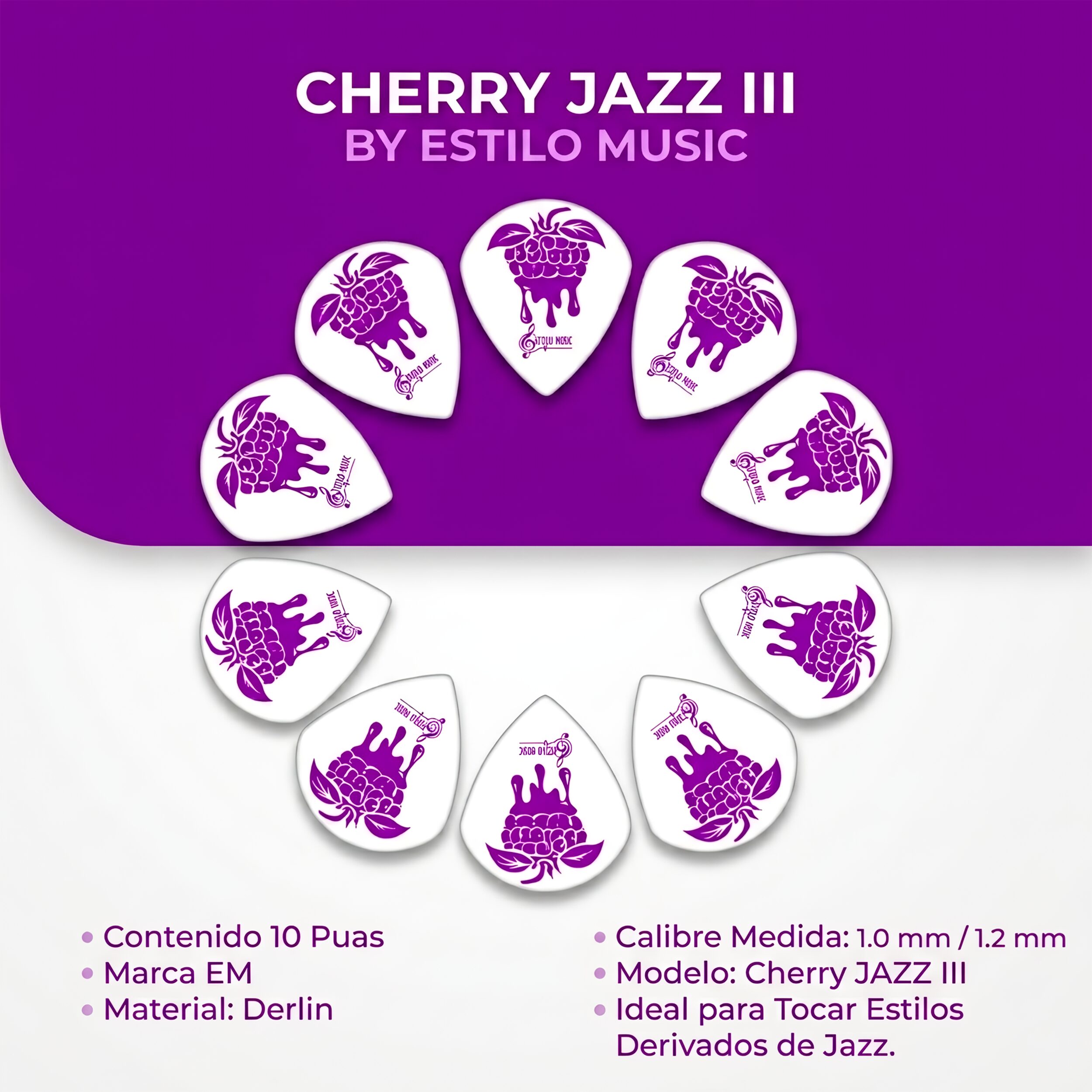 Paq De 10 Plumillas Jazz III 3 Derlin marca Estilo Music colección Cherry color blanco para guitarra y ejecuciones rápidas.