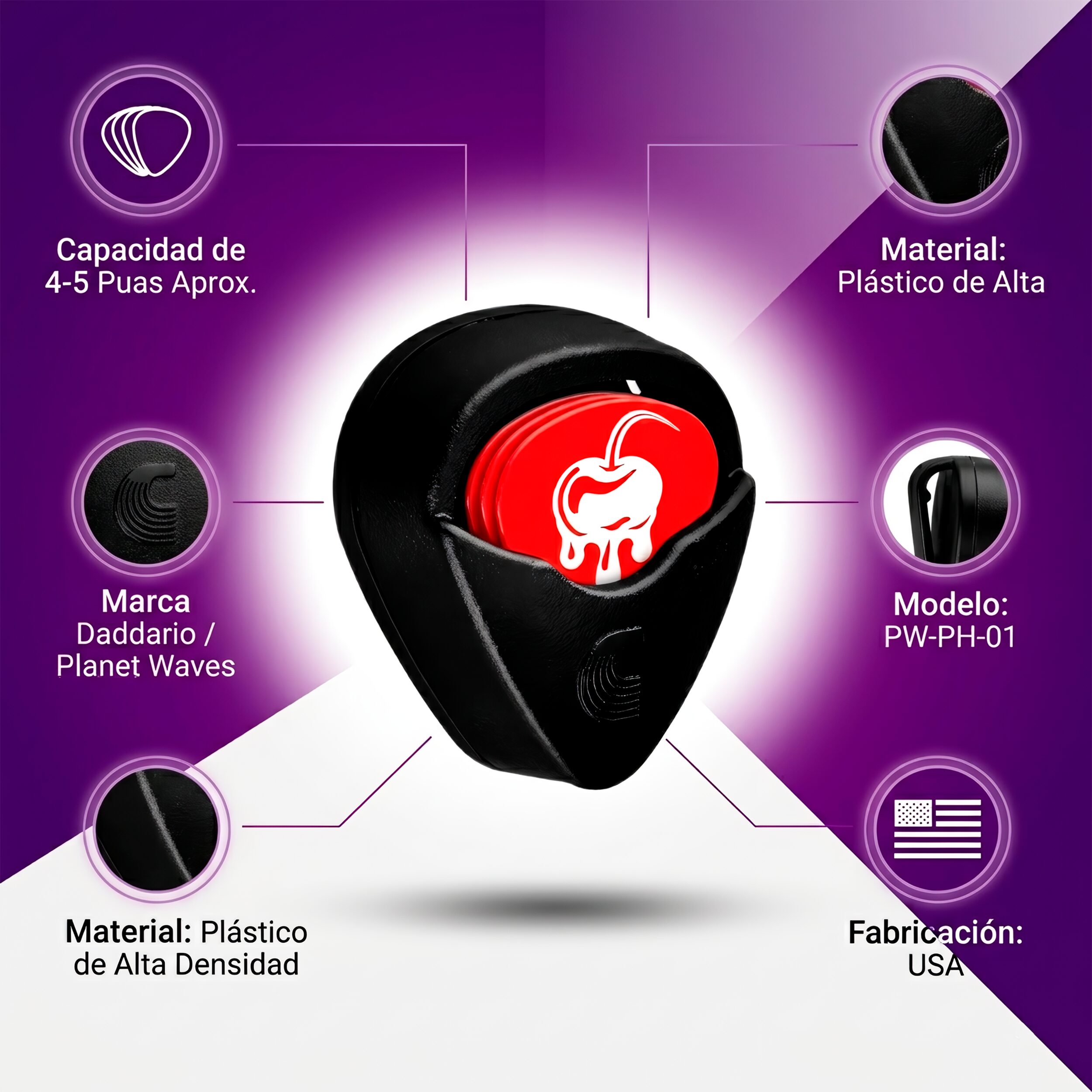 Porta Plumillas PW-PH-01 Daddario para guitarra y bajo con diseño compacto y capacidad para almacenar varias púas.