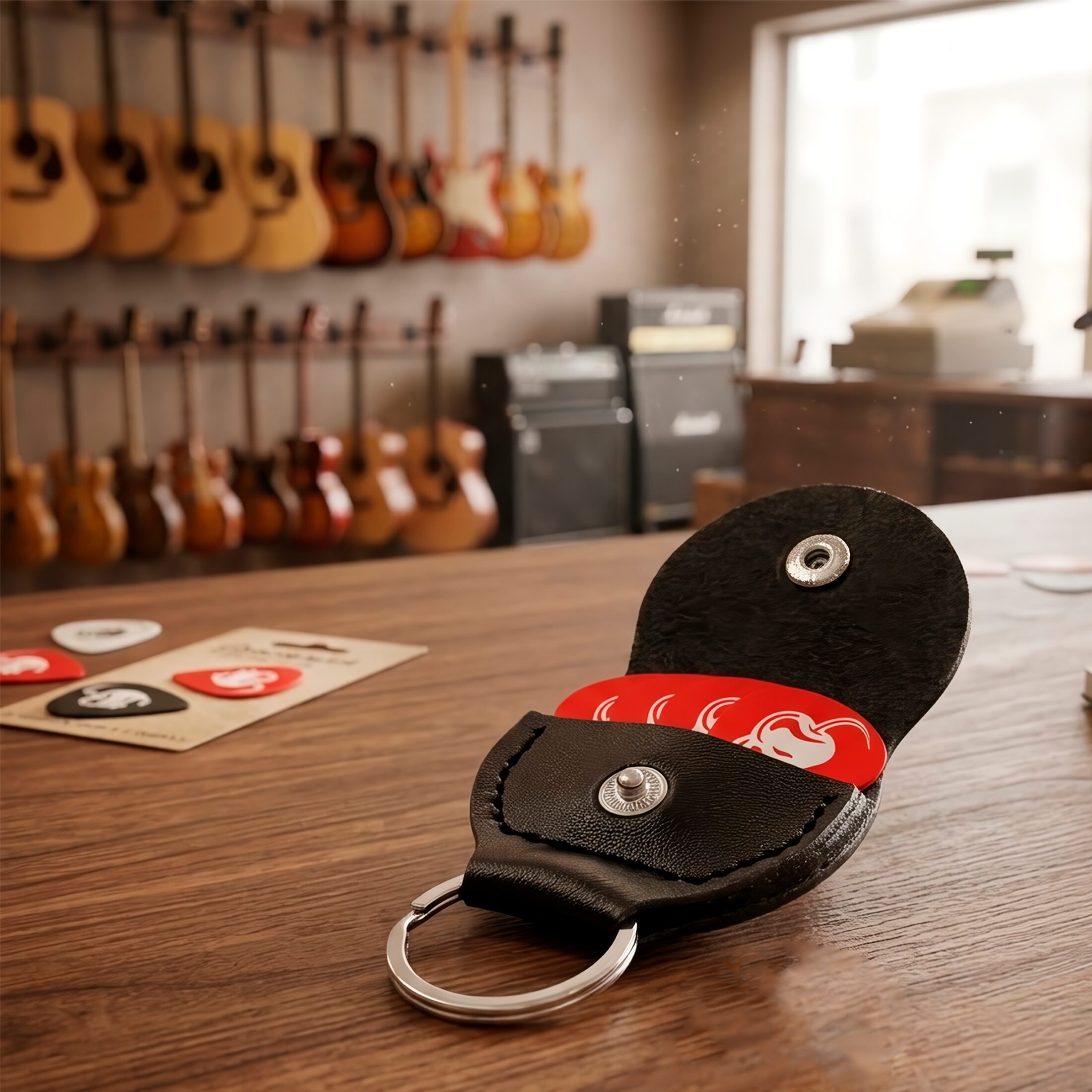 Porta Púas Plumillas De Cuero tipo llavero para guitarra fabricado en cuero PU con capacidad para varias púas
