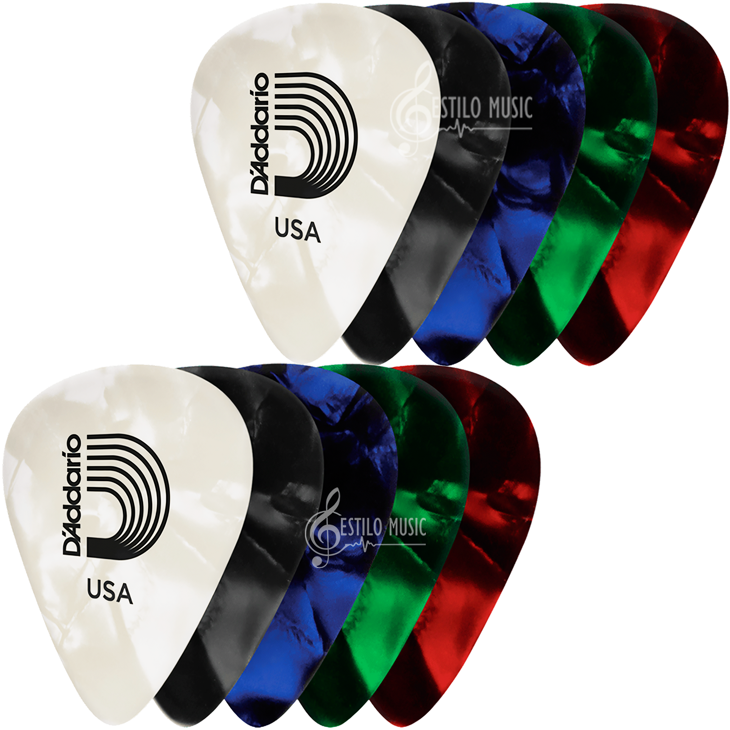 Paq De 10 Plumillas Daddario de celuloide con forma estándar para mejor comodidad y control en guitarra 1CAP2-10 1CAP4-10