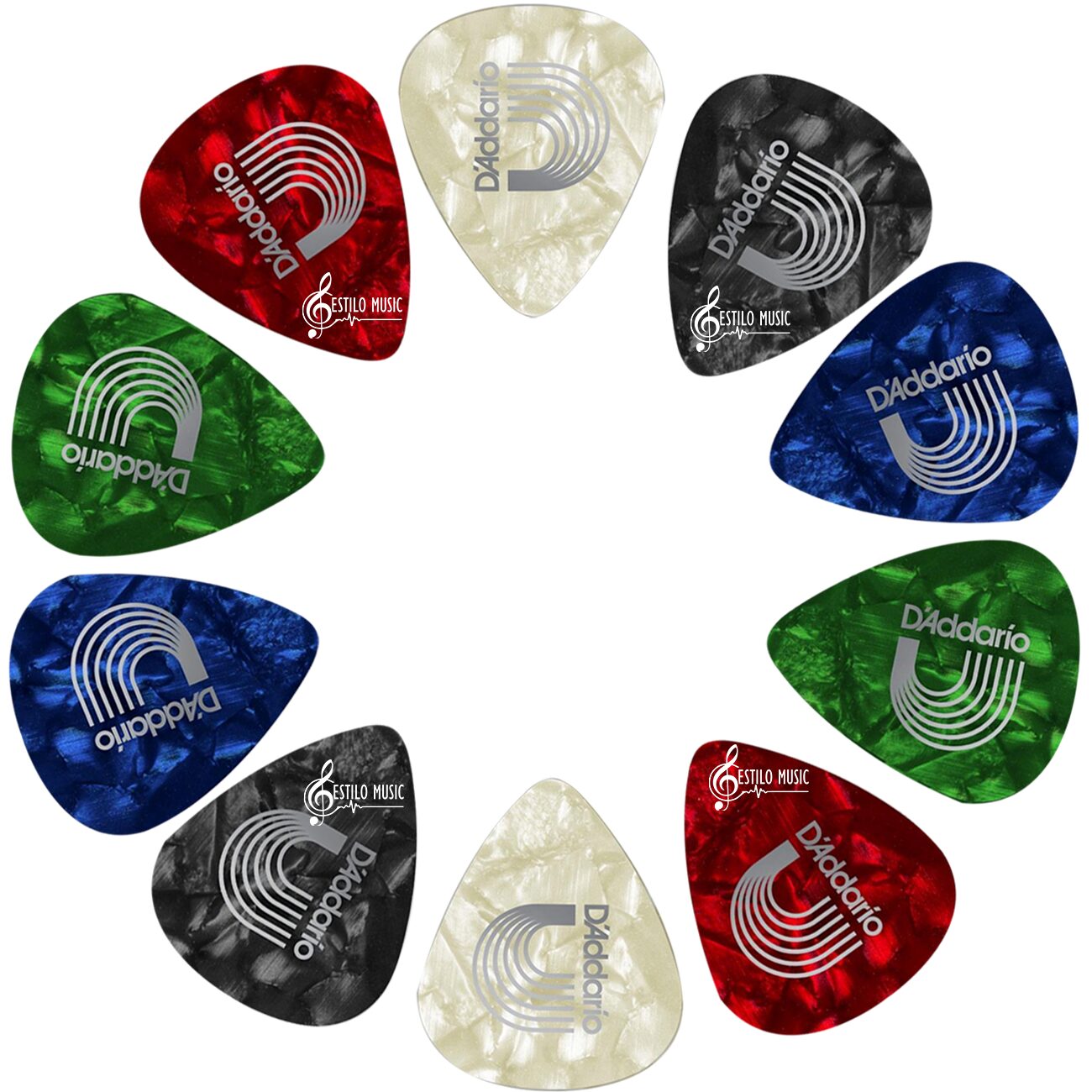 Paq De 10 Plumillas Daddario de celuloide con forma estándar para mejor comodidad y control en guitarra 1CAP2-10 1CAP4-10