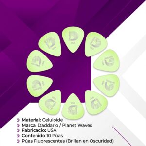10 Plumillas Daddario Puas fluorescentes para guitarra modelo 1CCG4-10 que brillan en la oscuridad con material celuloide de 0.7 mm