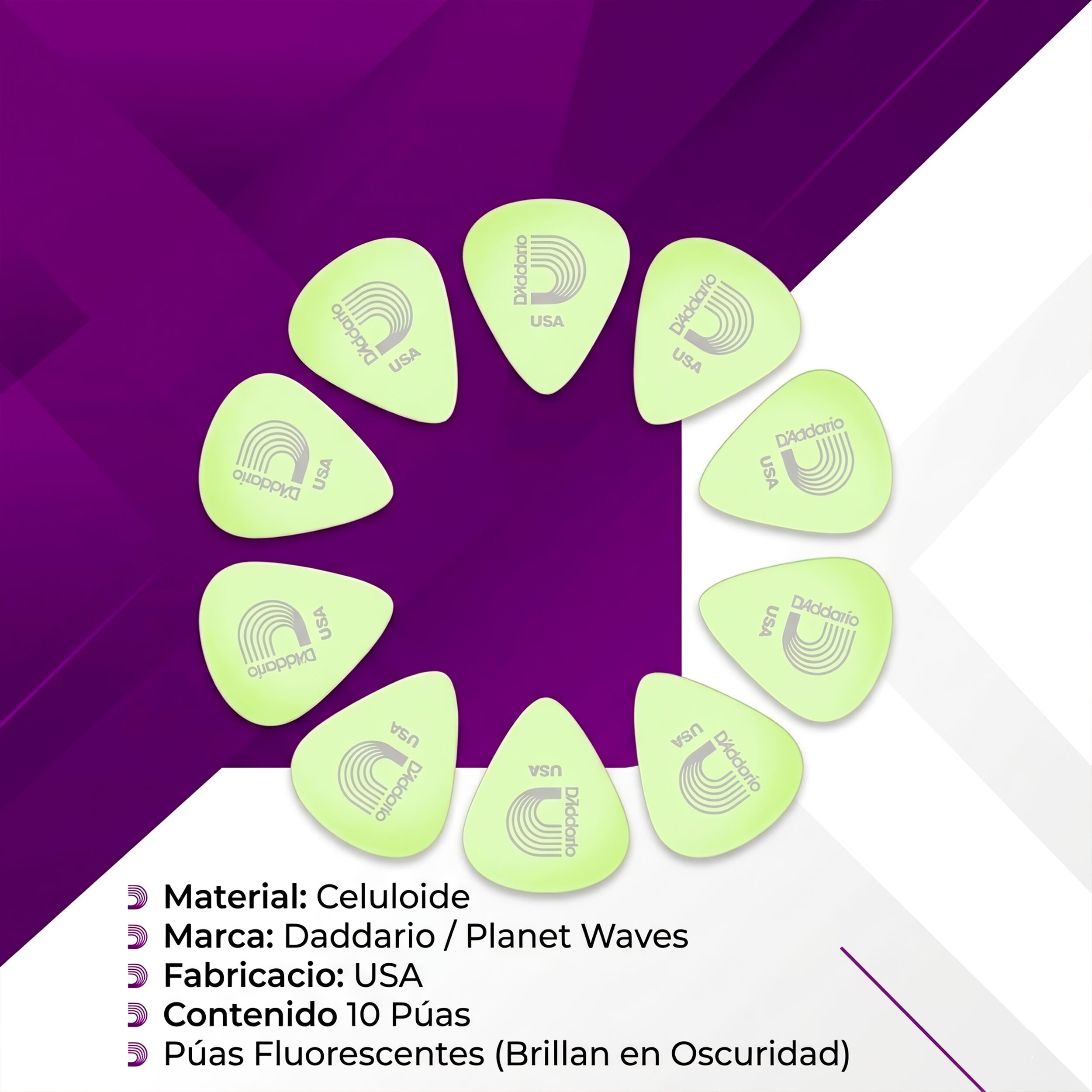 10 Plumillas Daddario Puas fluorescentes para guitarra modelo 1CCG4-10 que brillan en la oscuridad con material celuloide de 0.7 mm