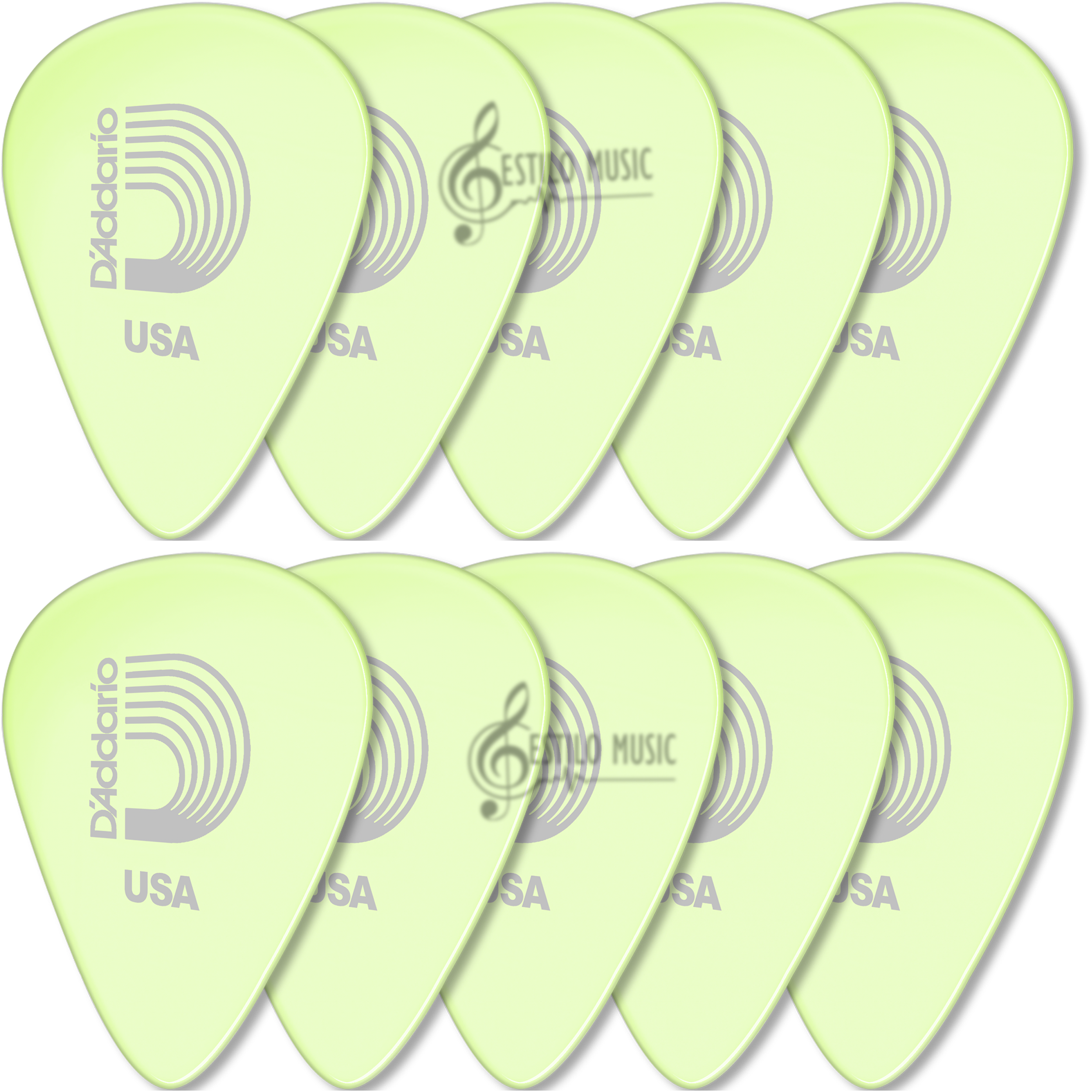 10 Plumillas Daddario Puas fluorescentes para guitarra modelo 1CCG4-10 que brillan en la oscuridad con material celuloide de 0.7 mm