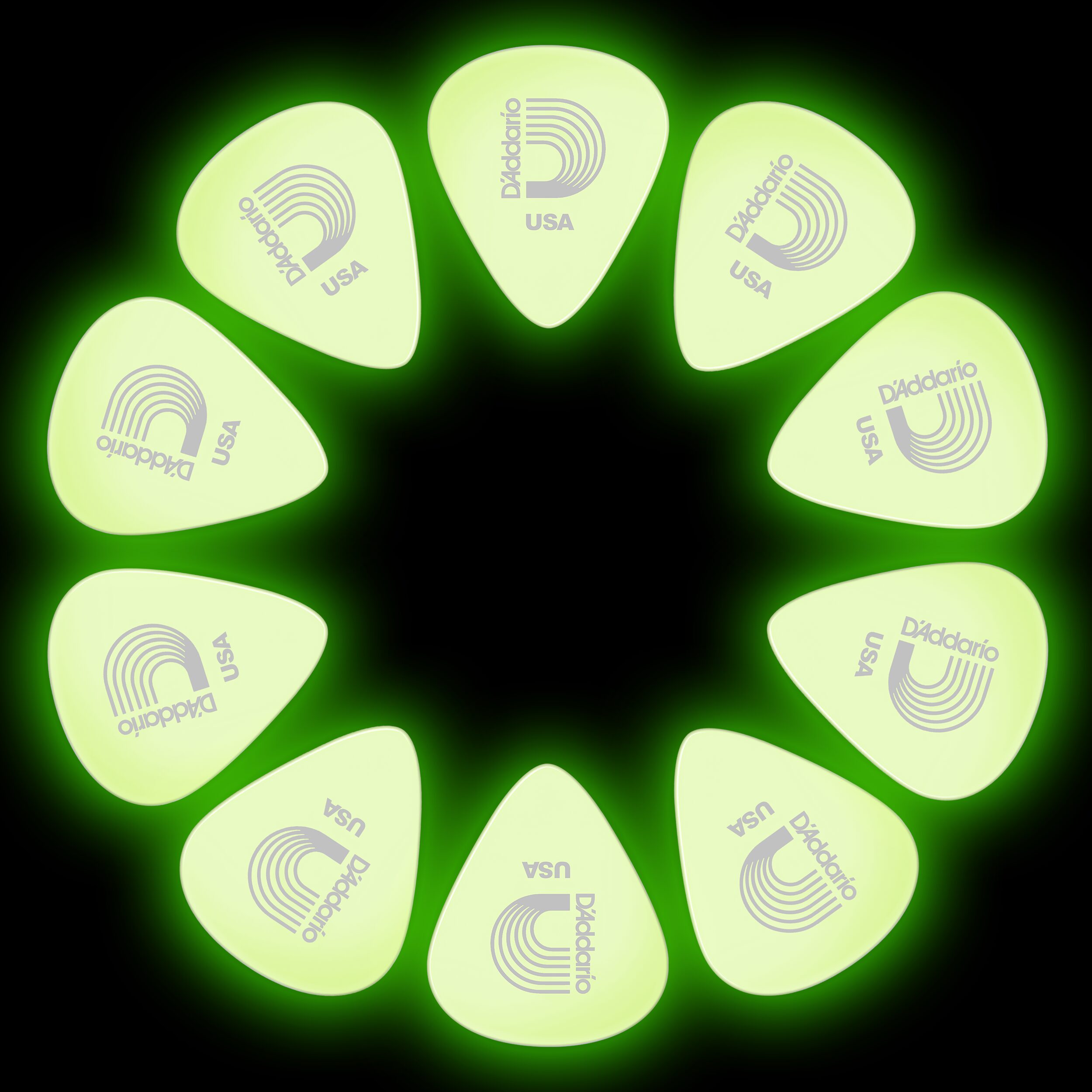 10 Plumillas Daddario Puas fluorescentes para guitarra modelo 1CCG4-10 que brillan en la oscuridad con material celuloide de 0.7 mm