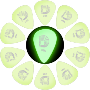 10 Plumillas Daddario Puas fluorescentes para guitarra modelo 1CCG4-10 que brillan en la oscuridad con material celuloide de 0.7 mm