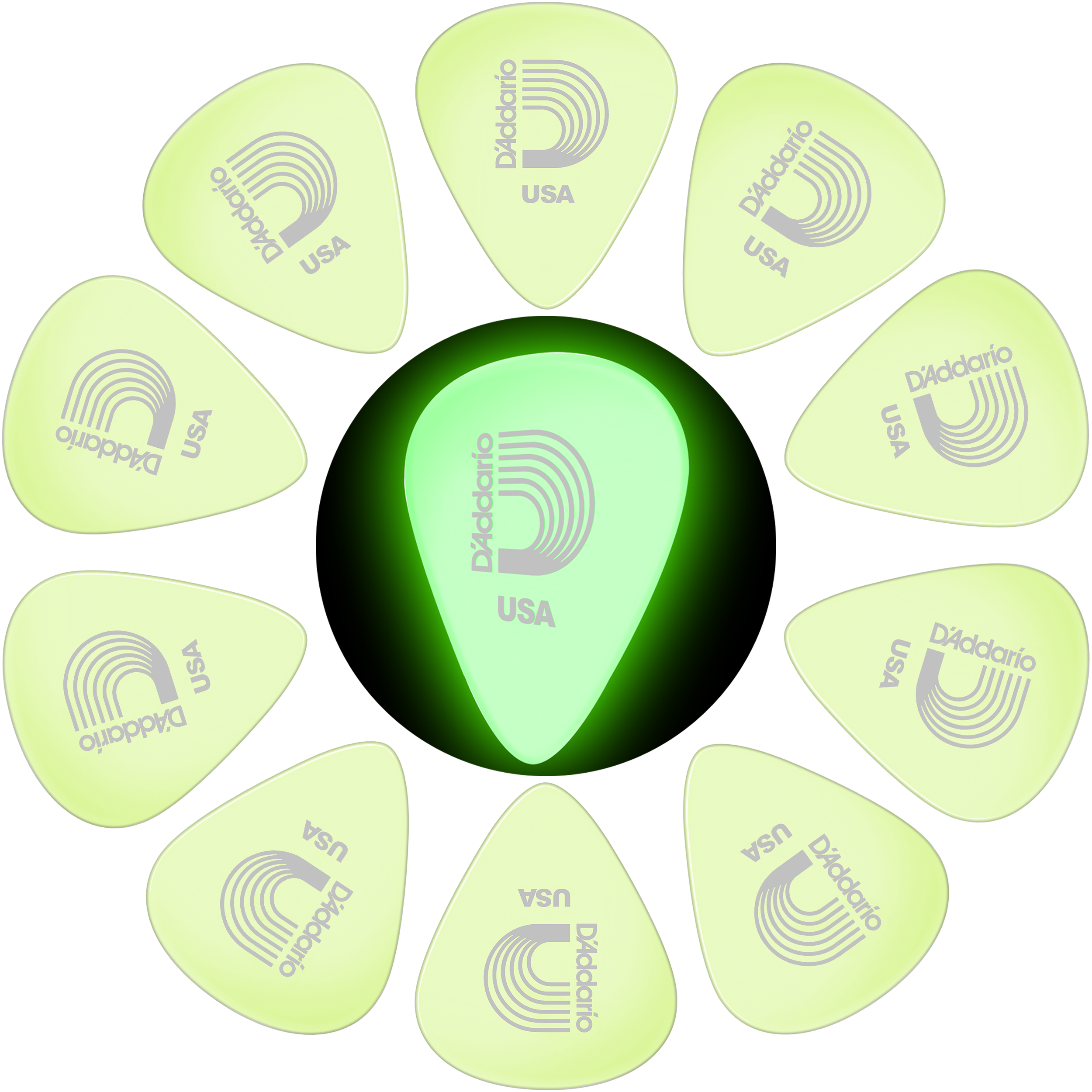 10 Plumillas Daddario Puas fluorescentes para guitarra modelo 1CCG4-10 que brillan en la oscuridad con material celuloide de 0.7 mm